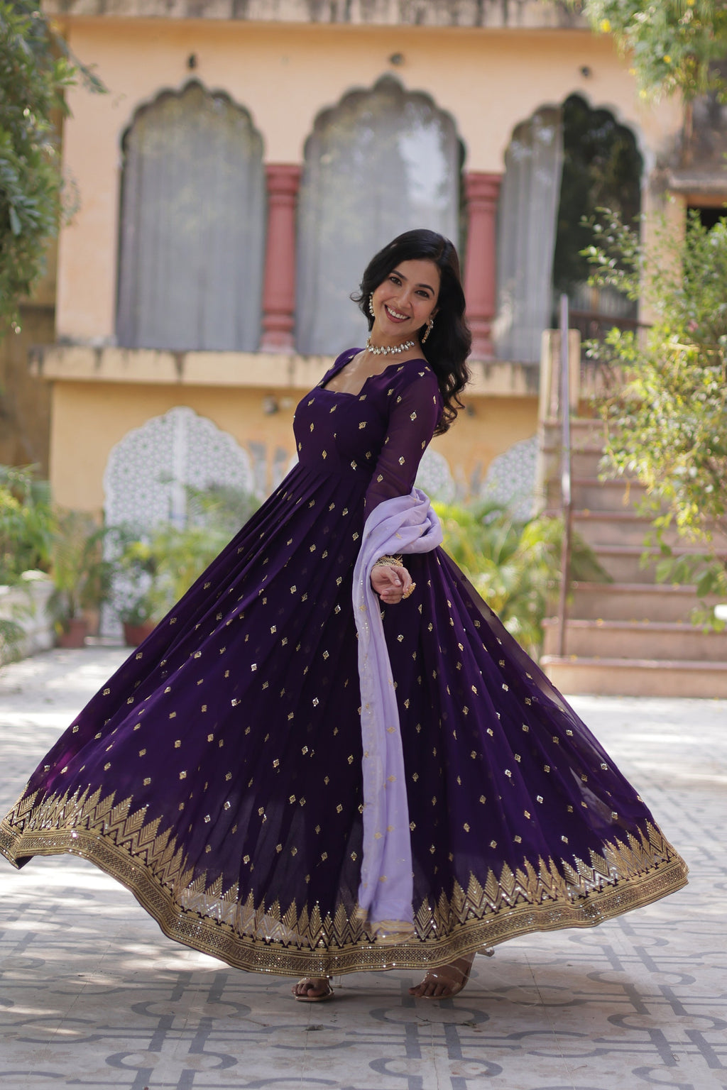 Shravisha Purple Embroidered Anarkali Gown Set