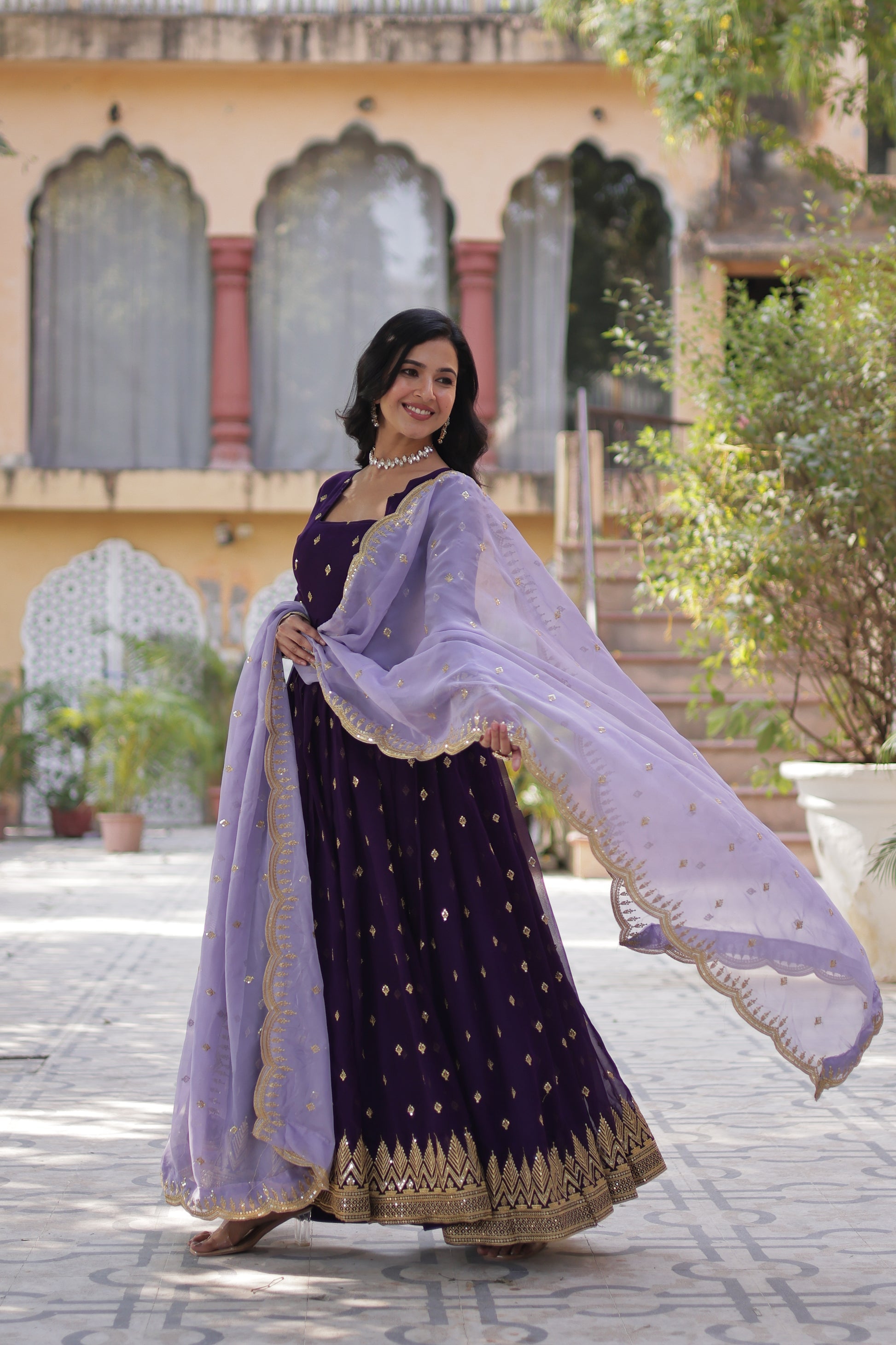 Shravisha Purple Embroidered Anarkali Gown Set