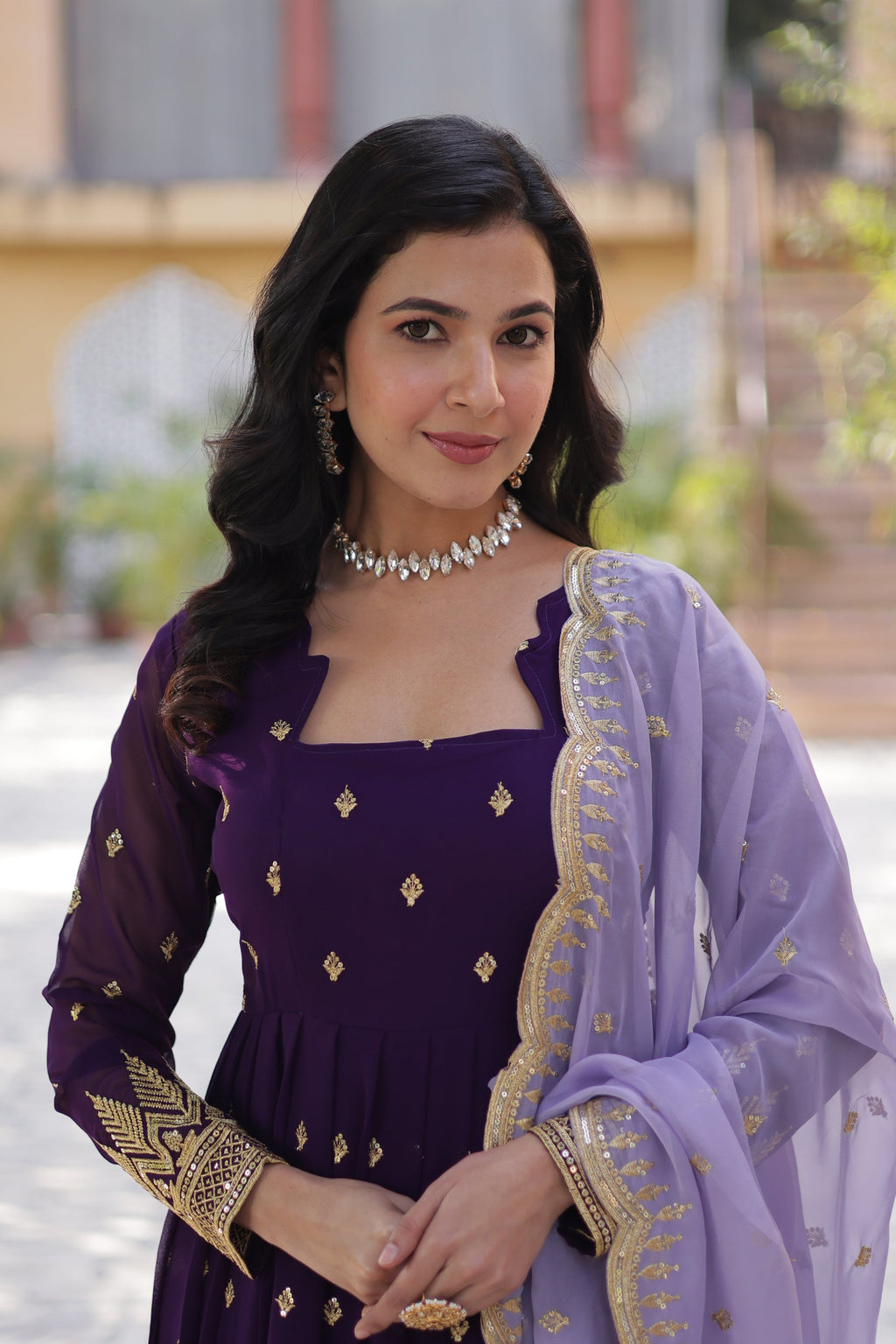 Shravisha Purple Embroidered Anarkali Gown Set