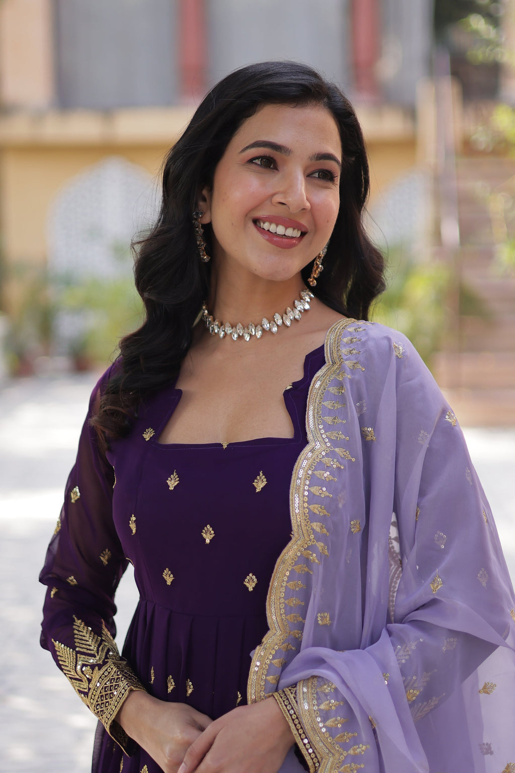 Shravisha Purple Embroidered Anarkali Gown Set