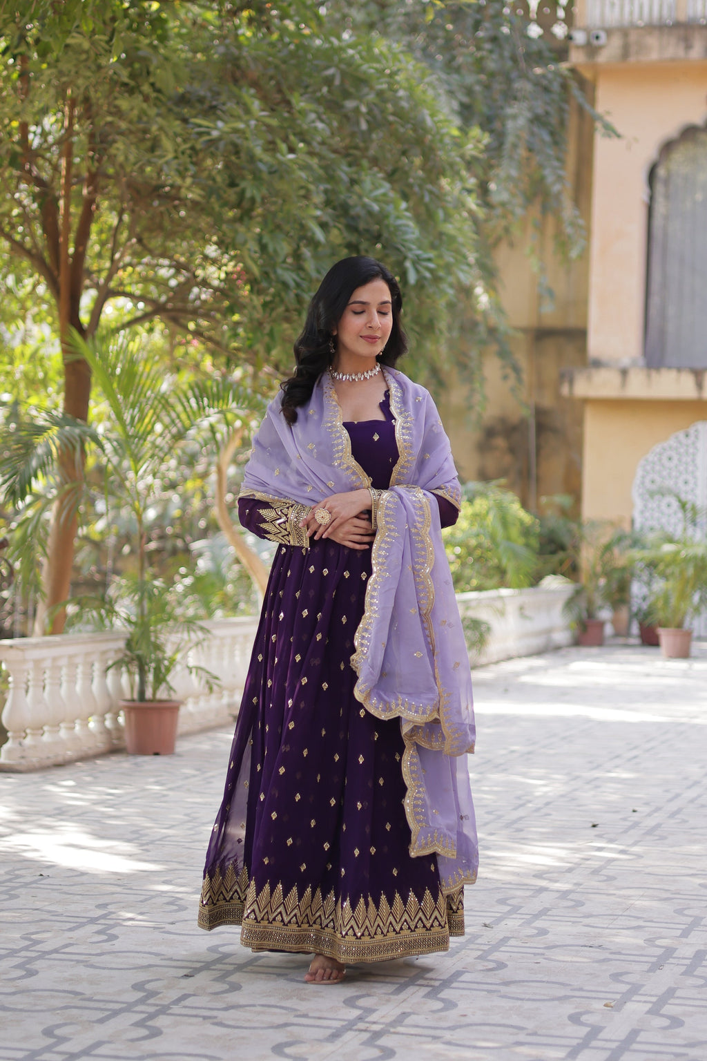 Shravisha Purple Embroidered Anarkali Gown Set