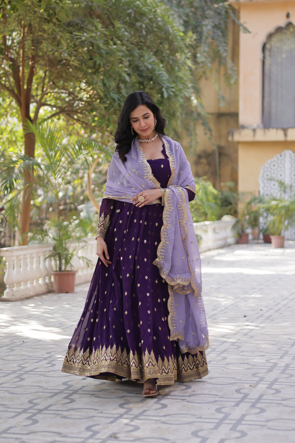 Shravisha Purple Embroidered Anarkali Gown Set