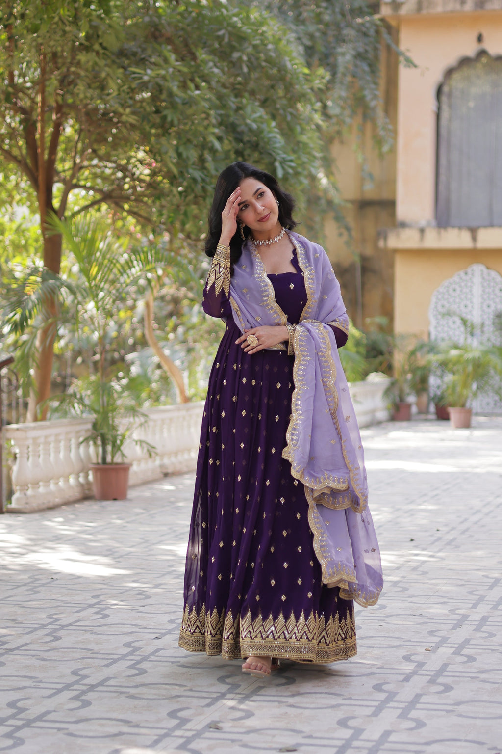  Purple embroidered Anarkali gown set for women with dupatta, designer ethnic gown featuring intricate thread and sequin embroidery, floor-length party wear gown with full sleeves, perfect for wedding guests, festive occasions, and traditional Indian functions, readymade stitched Anarkali gown with elegant styling for ethnic wear trends.