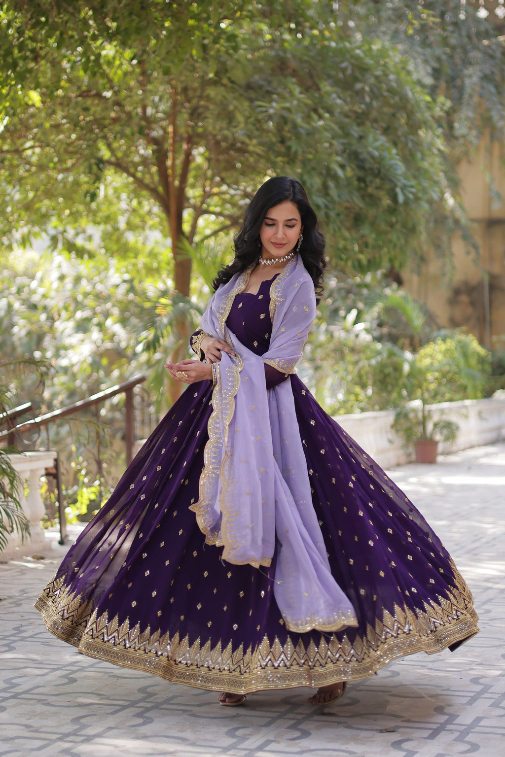  Purple embroidered Anarkali gown set for women with dupatta, designer ethnic gown featuring intricate thread and sequin embroidery, floor-length party wear gown with full sleeves, perfect for wedding guests, festive occasions, and traditional Indian functions, readymade stitched Anarkali gown with elegant styling for ethnic wear trends.