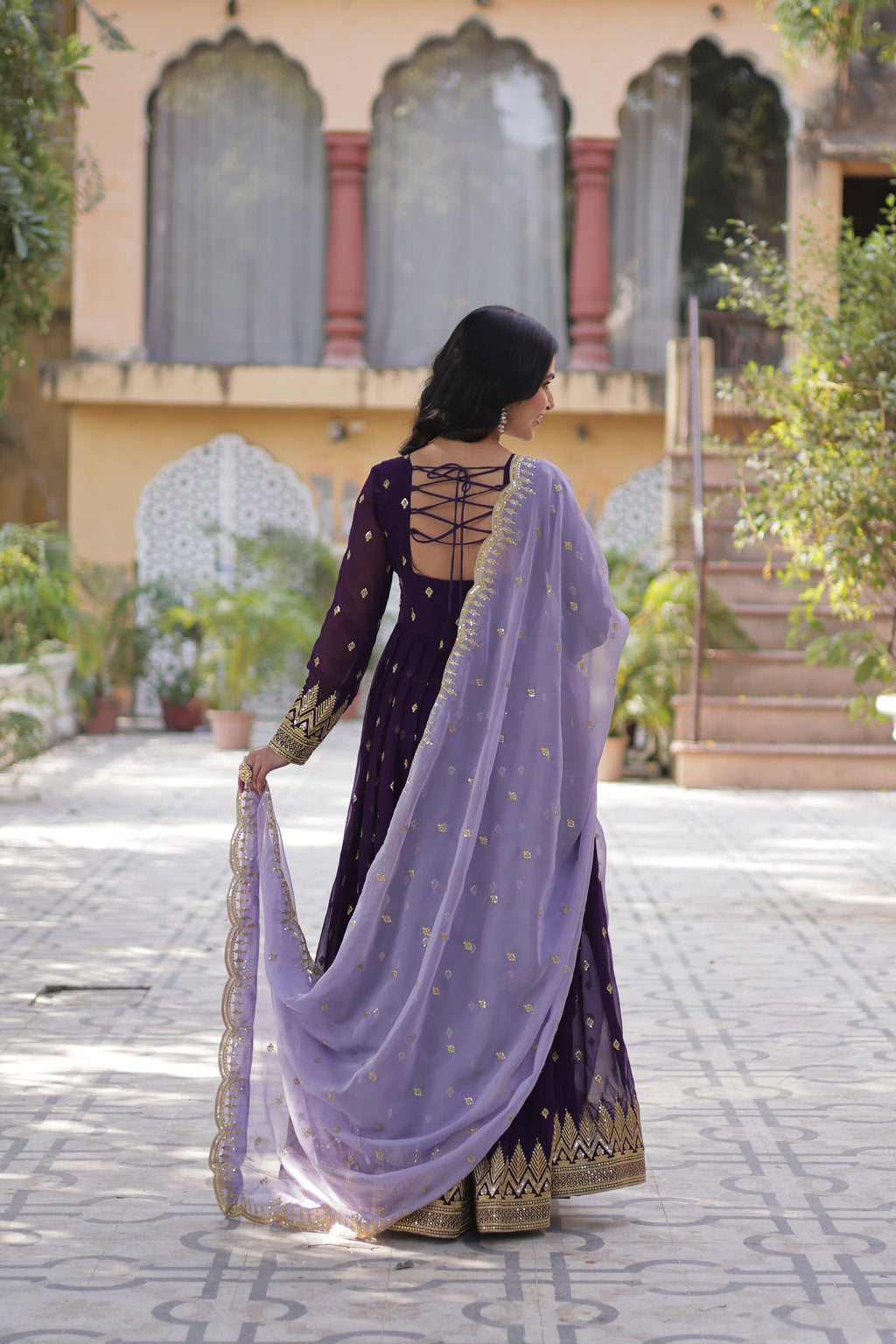  Purple embroidered Anarkali gown set for women with dupatta, designer ethnic gown featuring intricate thread and sequin embroidery, floor-length party wear gown with full sleeves, perfect for wedding guests, festive occasions, and traditional Indian functions, readymade stitched Anarkali gown with elegant styling for ethnic wear trends.