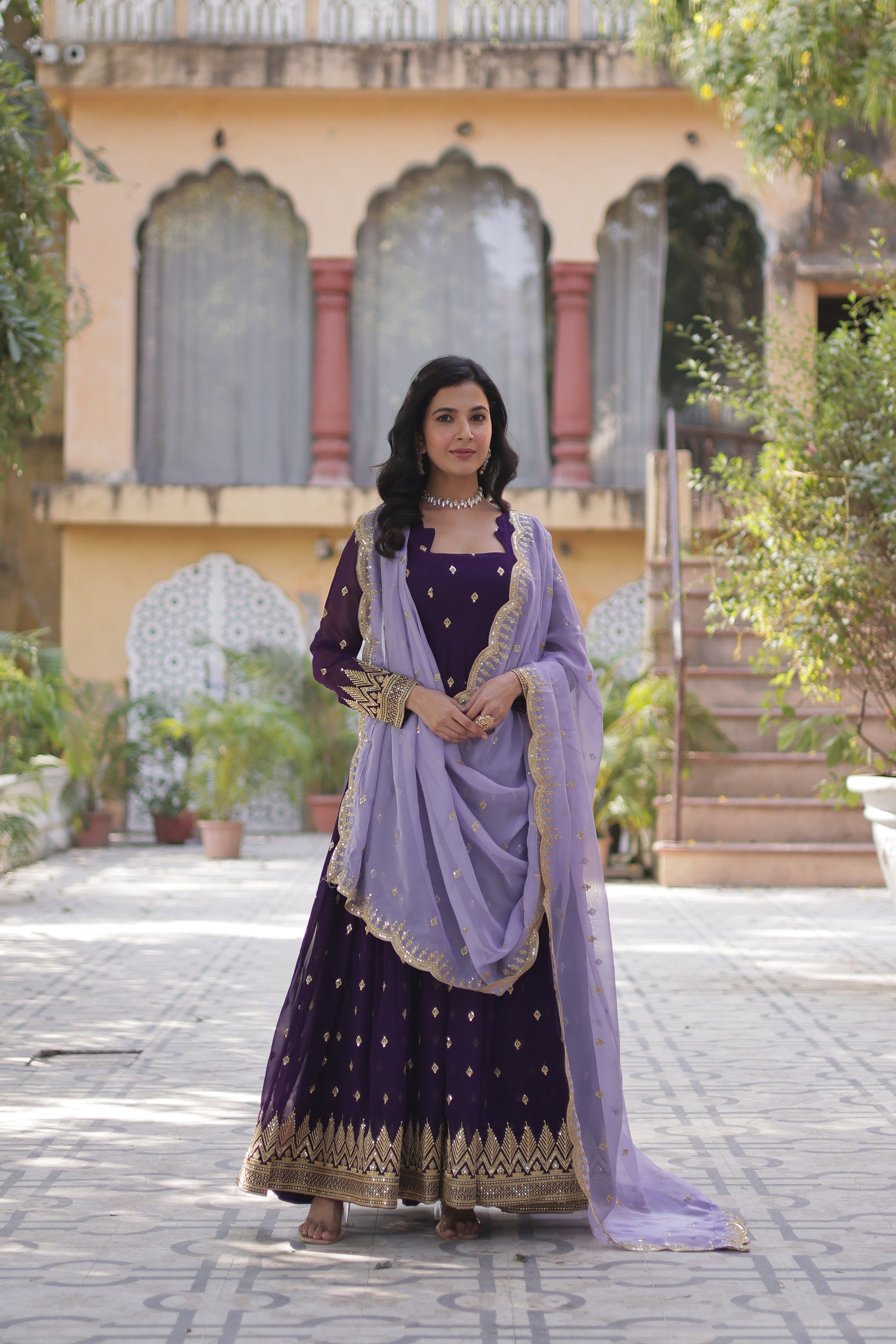 Shravisha Purple Embroidered Anarkali Gown Set