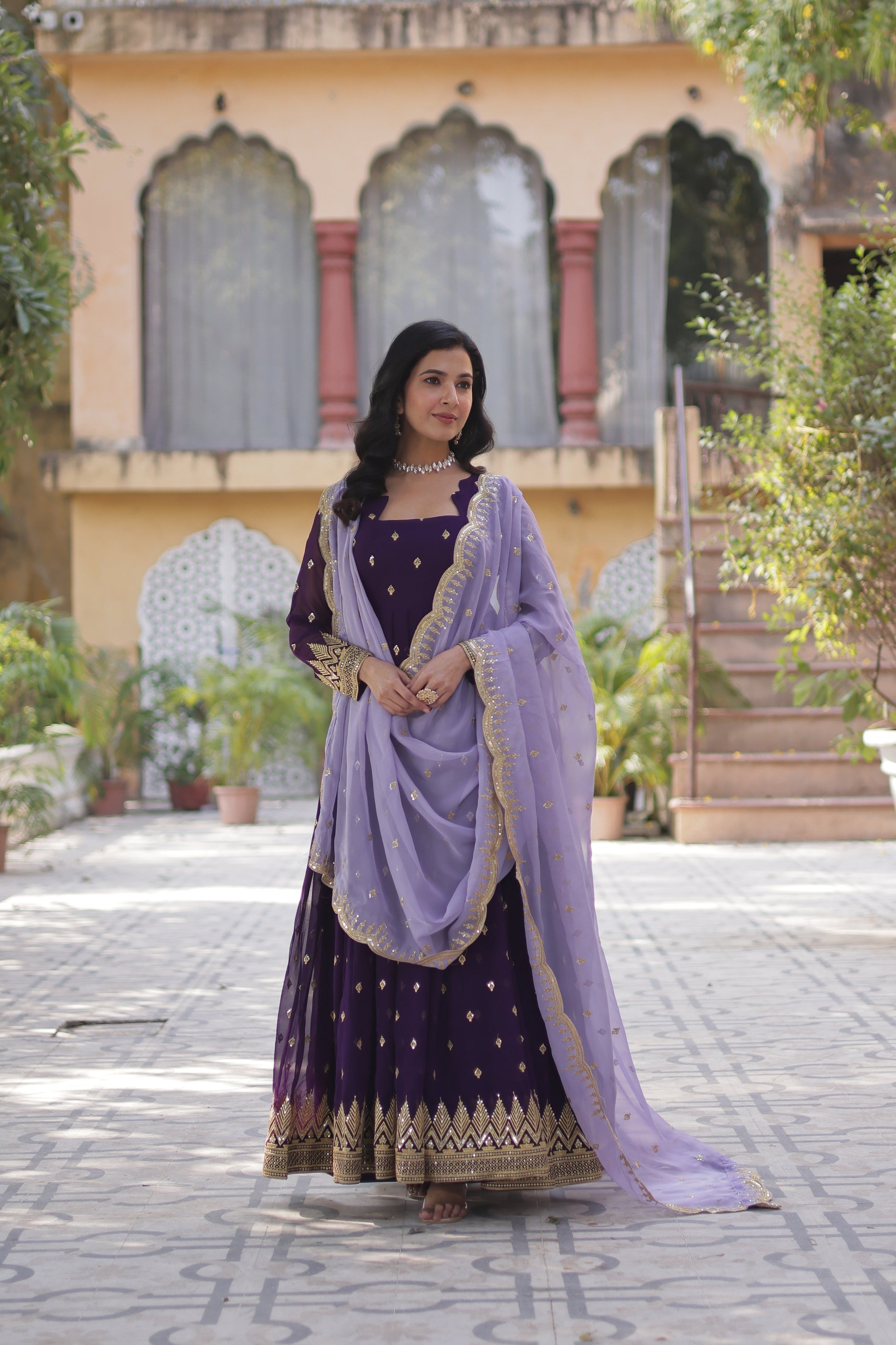 Shravisha Purple Embroidered Anarkali Gown Set