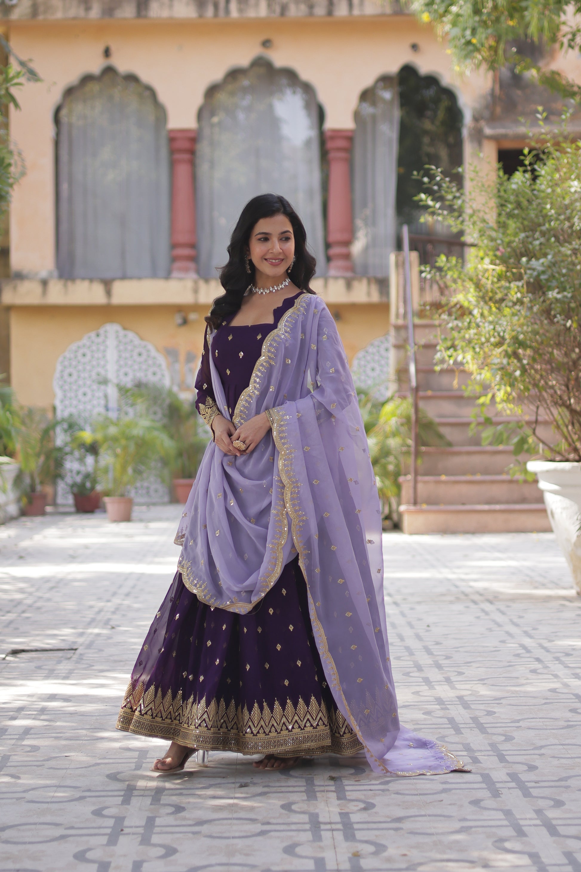 Shravisha Purple Embroidered Anarkali Gown Set