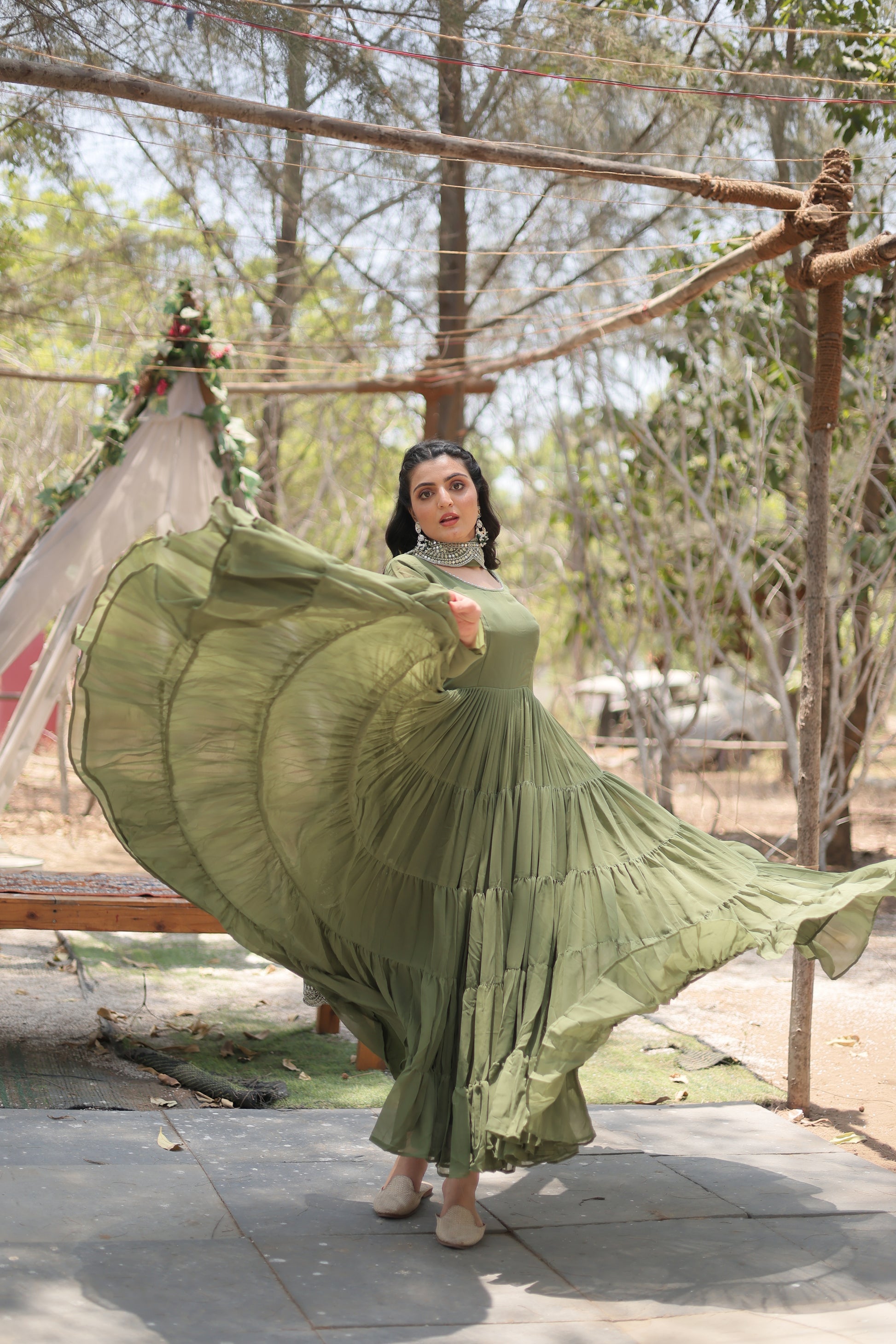 Green georgette Shreeprada designer Anarkali gown