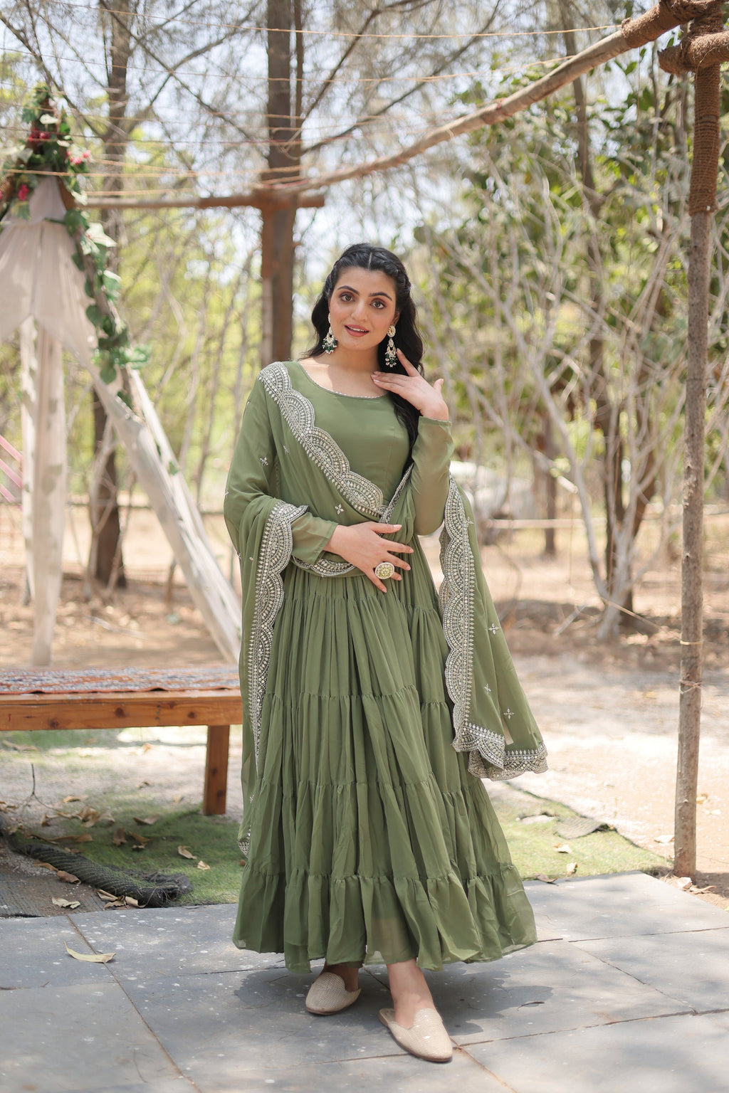 Green georgette Shreeprada designer Anarkali gown