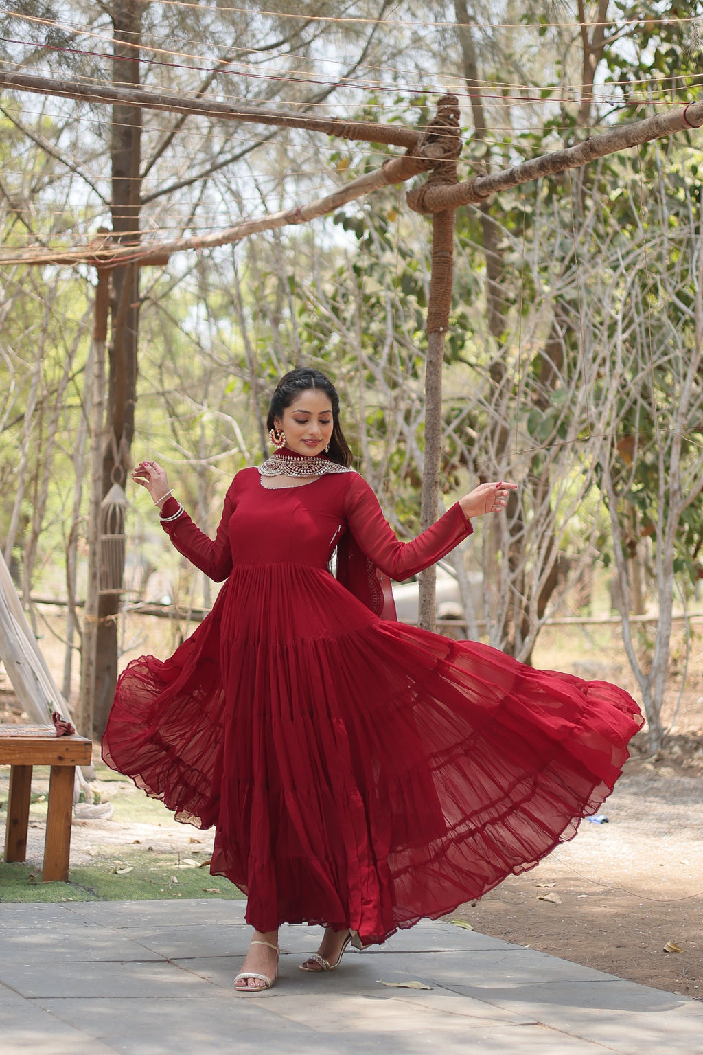 Shreeprada red georgette Anarkali gown set