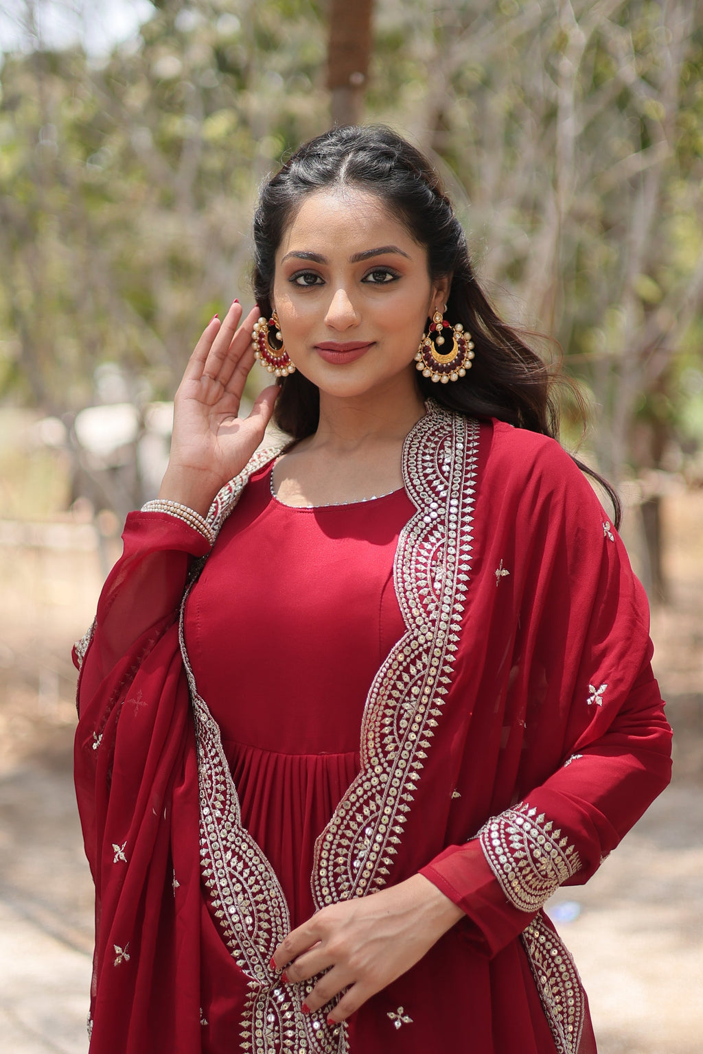 Shreeprada red georgette Anarkali gown set