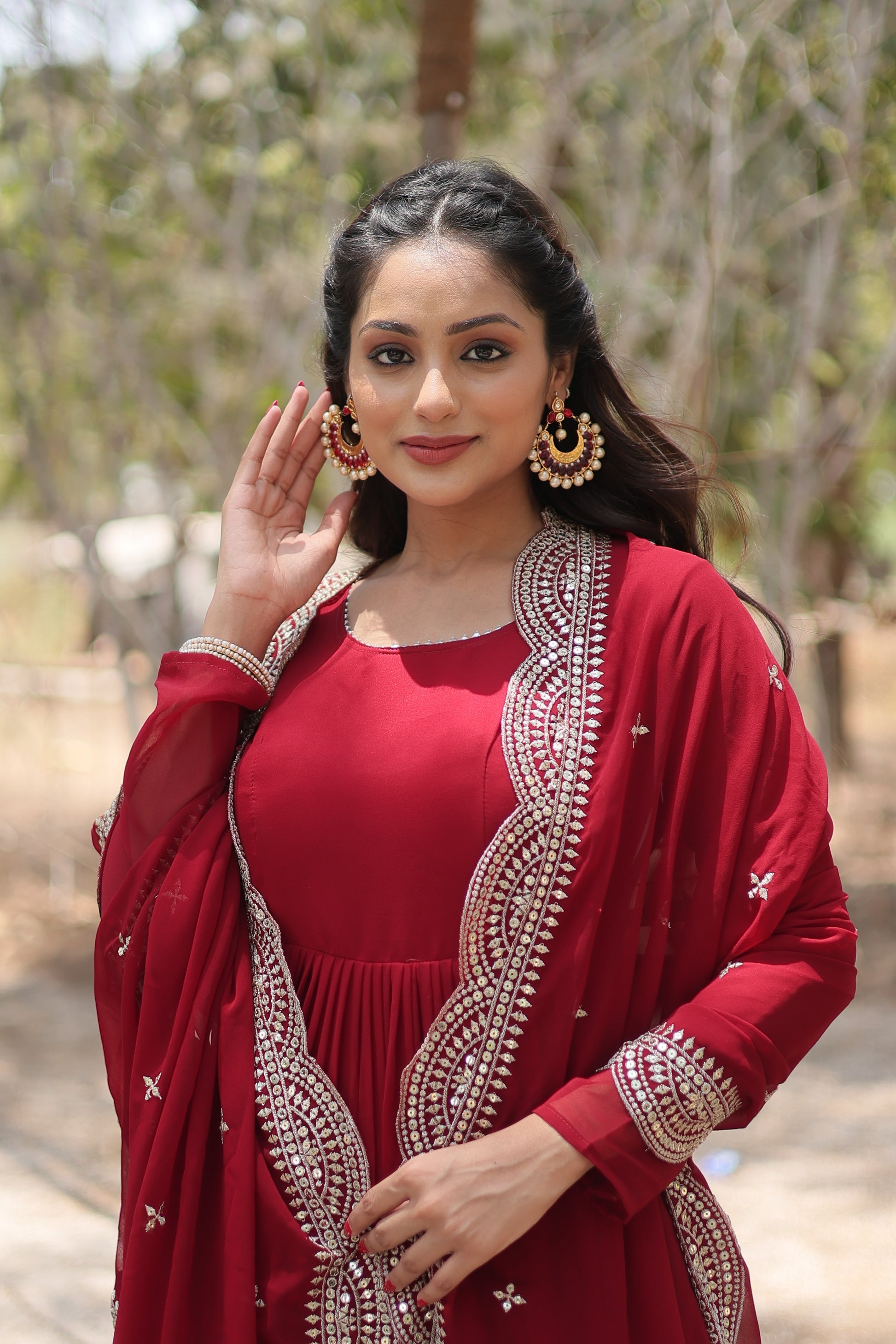 Shreeprada red georgette Anarkali gown set
