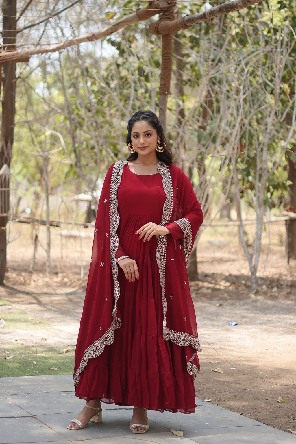 Shreeprada red georgette Anarkali gown set
