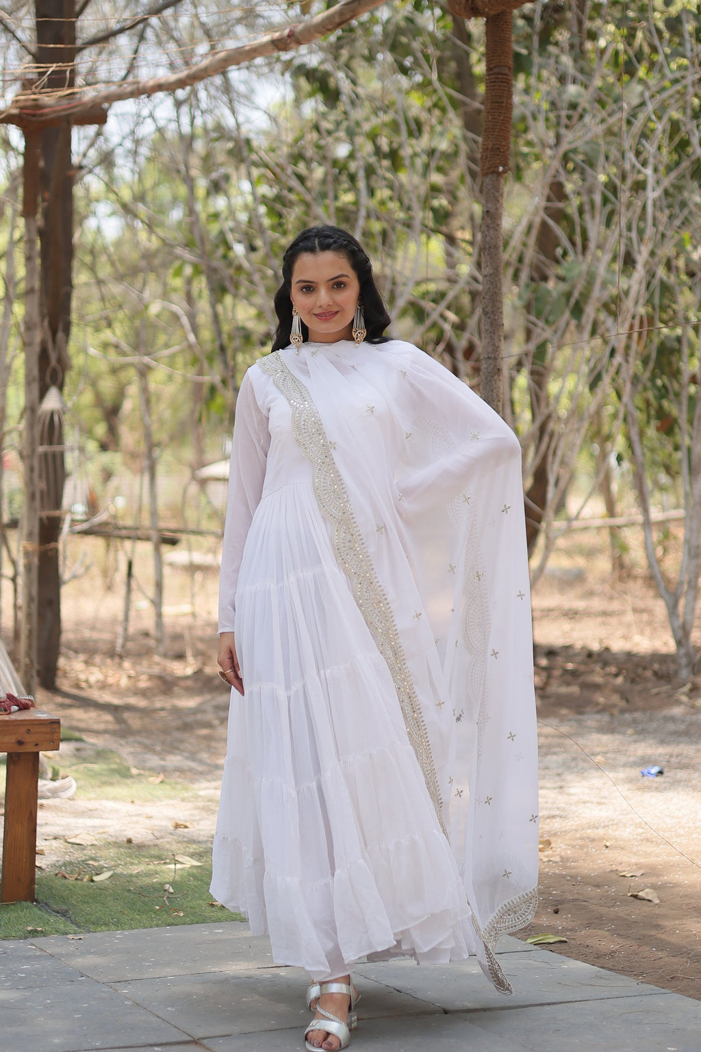 White georgette Shreeprada designer Anarkali gown