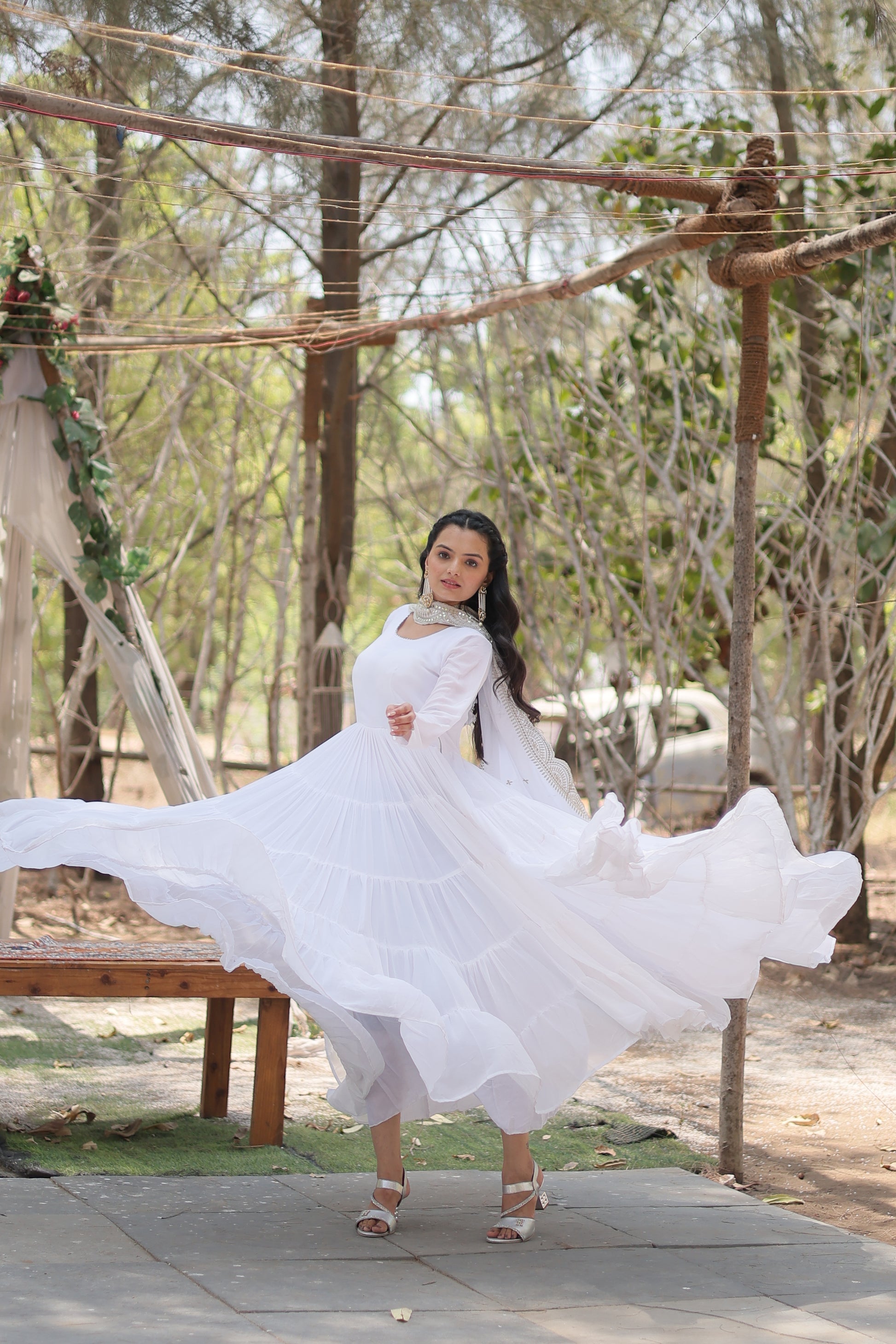 White georgette Shreeprada designer Anarkali gown