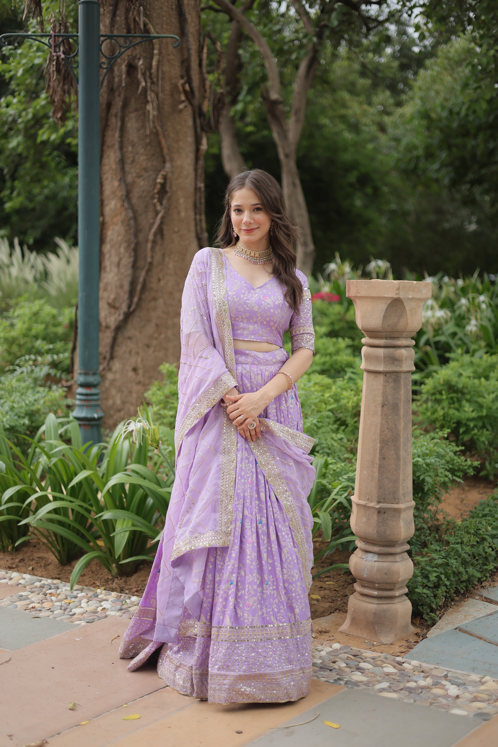 Shrinika lavender viscose jacquard sequins embroidered lehenga set