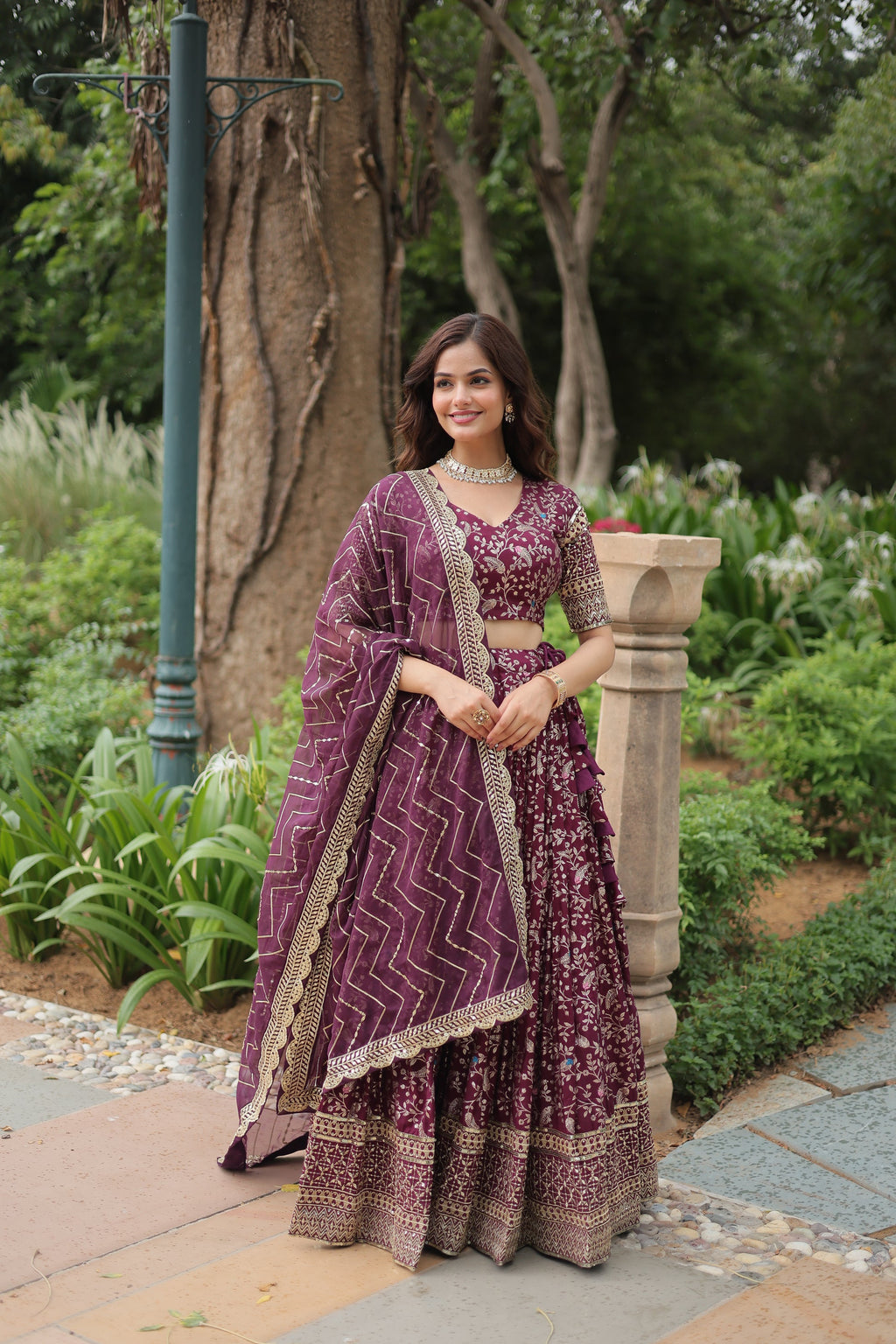 Wine viscose jacquard sequins embroidered Shrinika designer lehenga