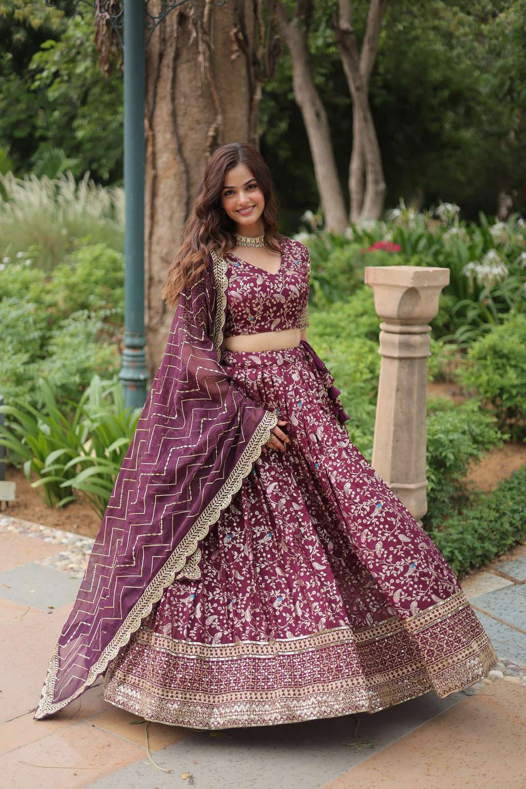 Wine viscose jacquard sequins embroidered Shrinika designer lehenga