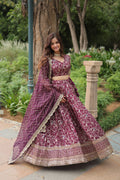 Wine viscose jacquard sequins embroidered Shrinika designer lehenga