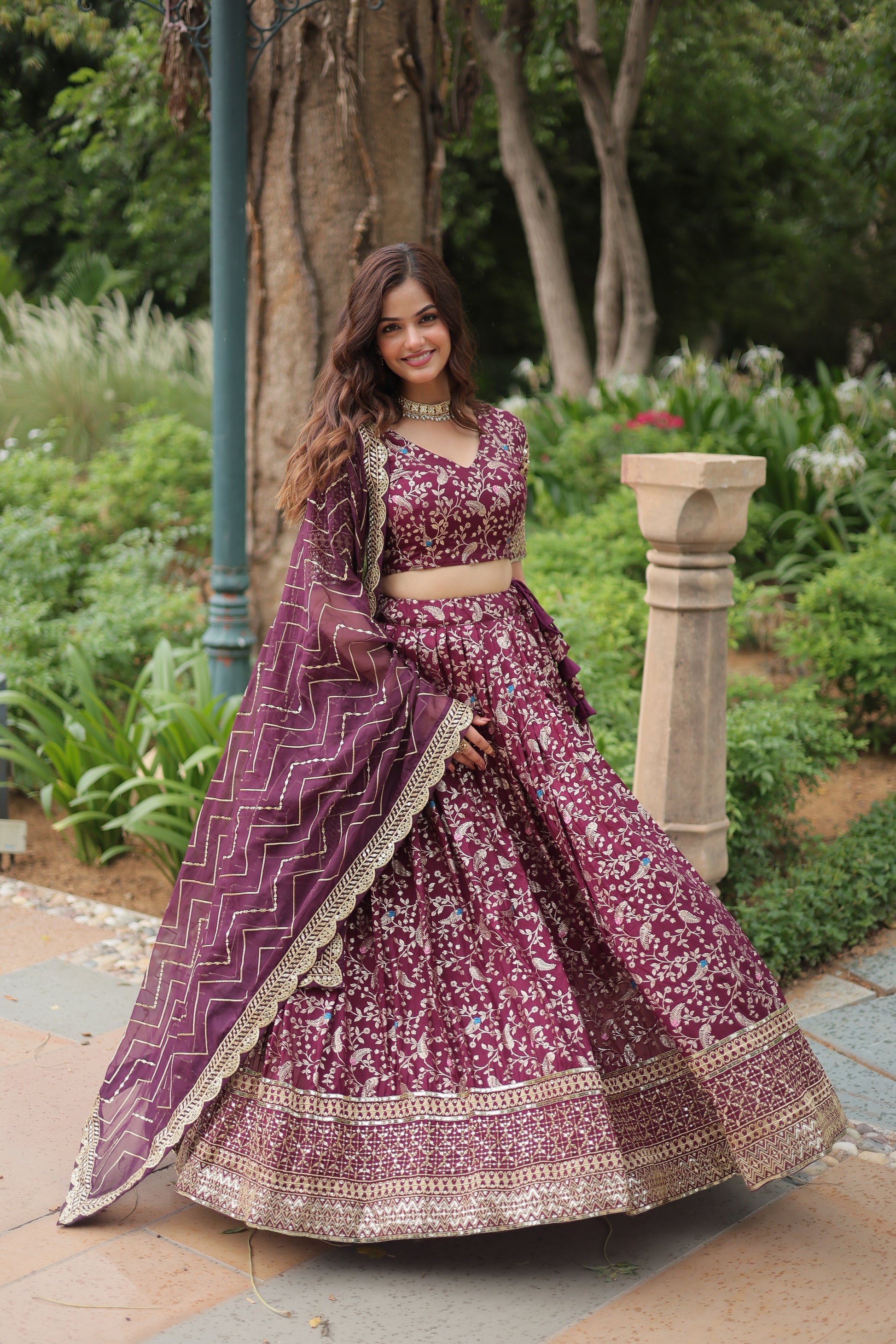 Wine viscose jacquard sequins embroidered Shrinika designer lehenga
