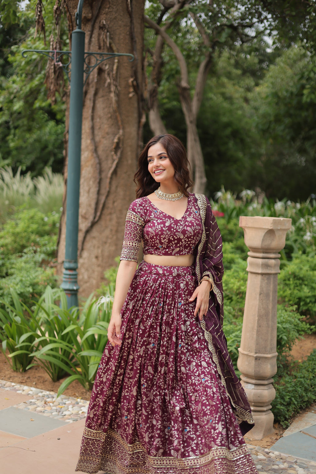 Wine viscose jacquard sequins embroidered Shrinika designer lehenga
