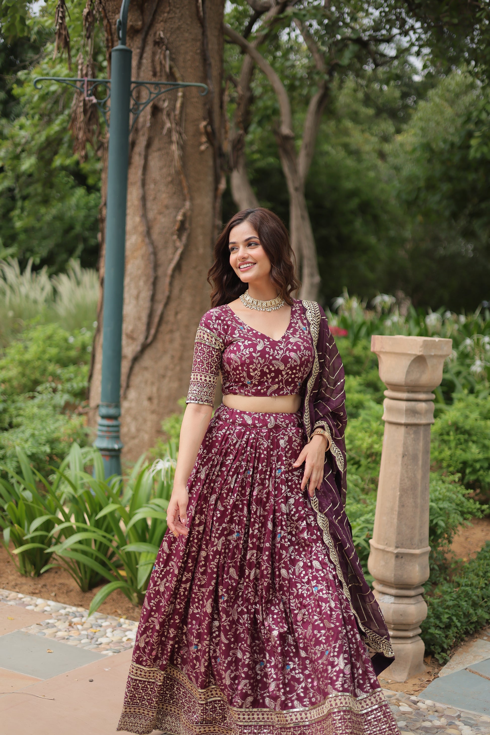 Wine viscose jacquard sequins embroidered Shrinika designer lehenga