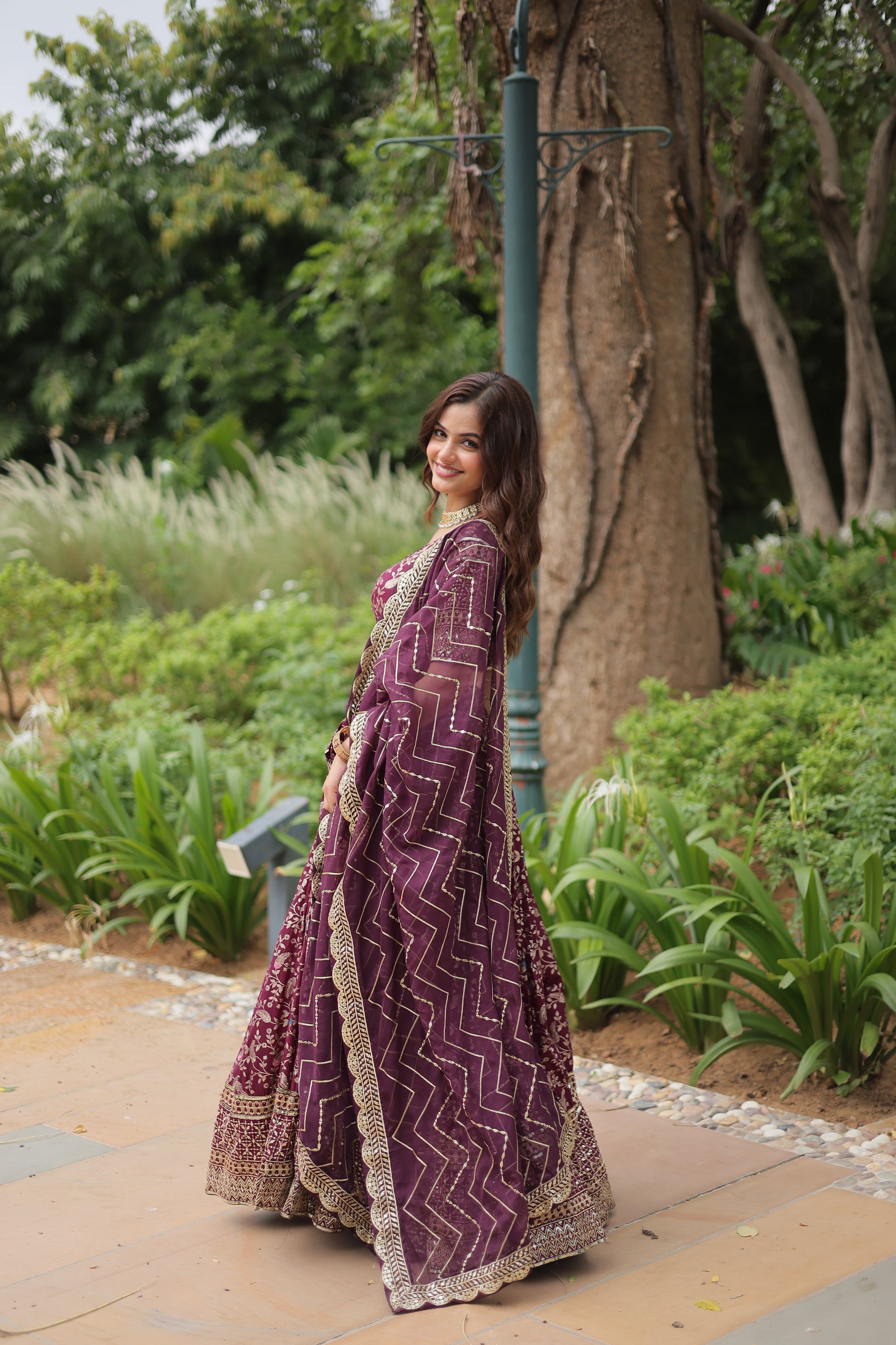 Wine viscose jacquard sequins embroidered Shrinika designer lehenga
