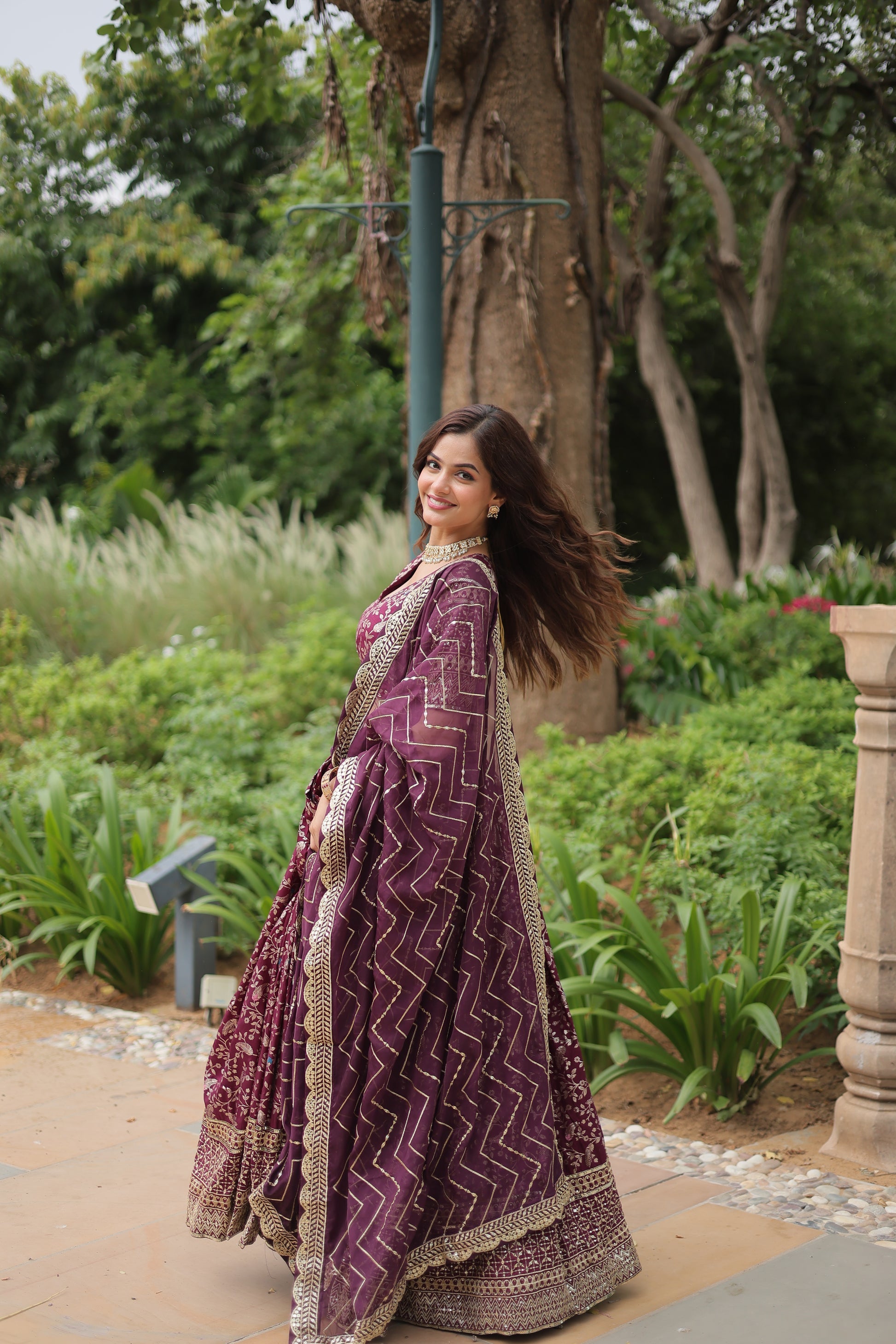 Wine viscose jacquard sequins embroidered Shrinika designer lehenga