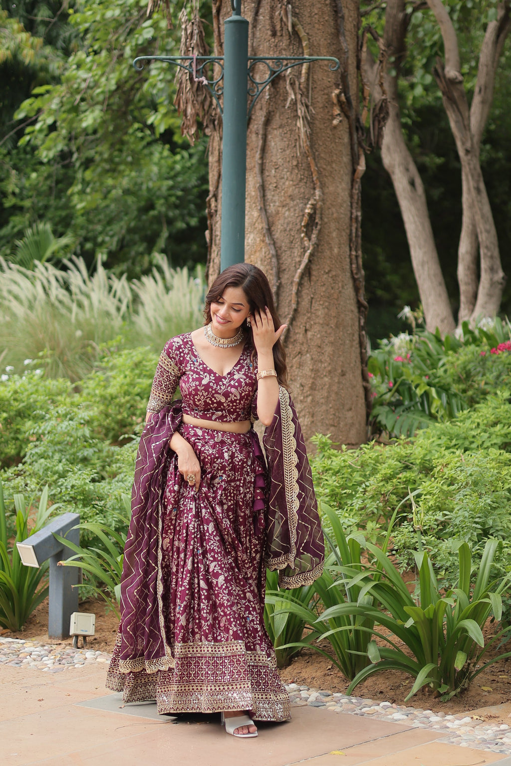 Wine viscose jacquard sequins embroidered Shrinika designer lehenga