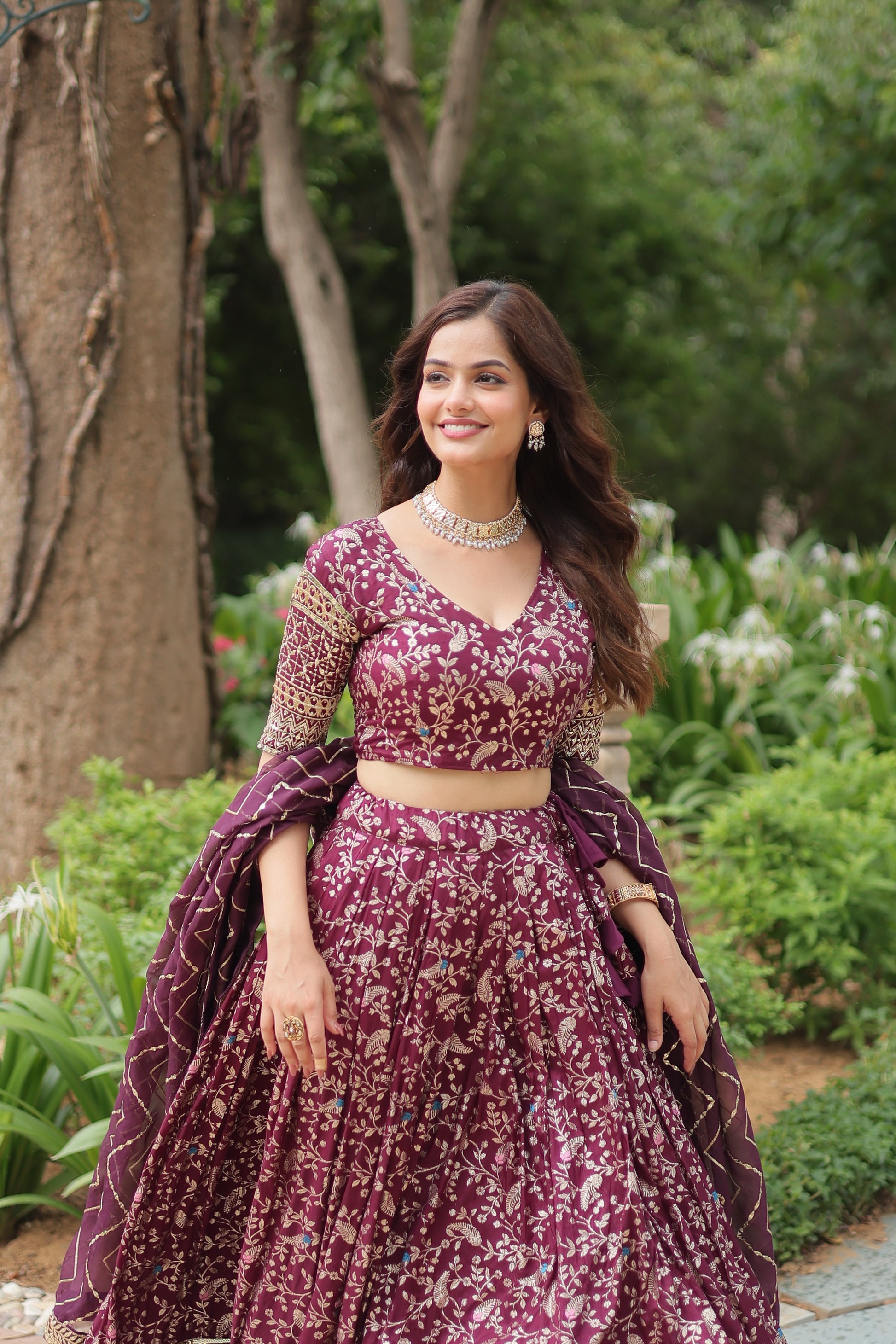 Wine viscose jacquard sequins embroidered Shrinika designer lehenga