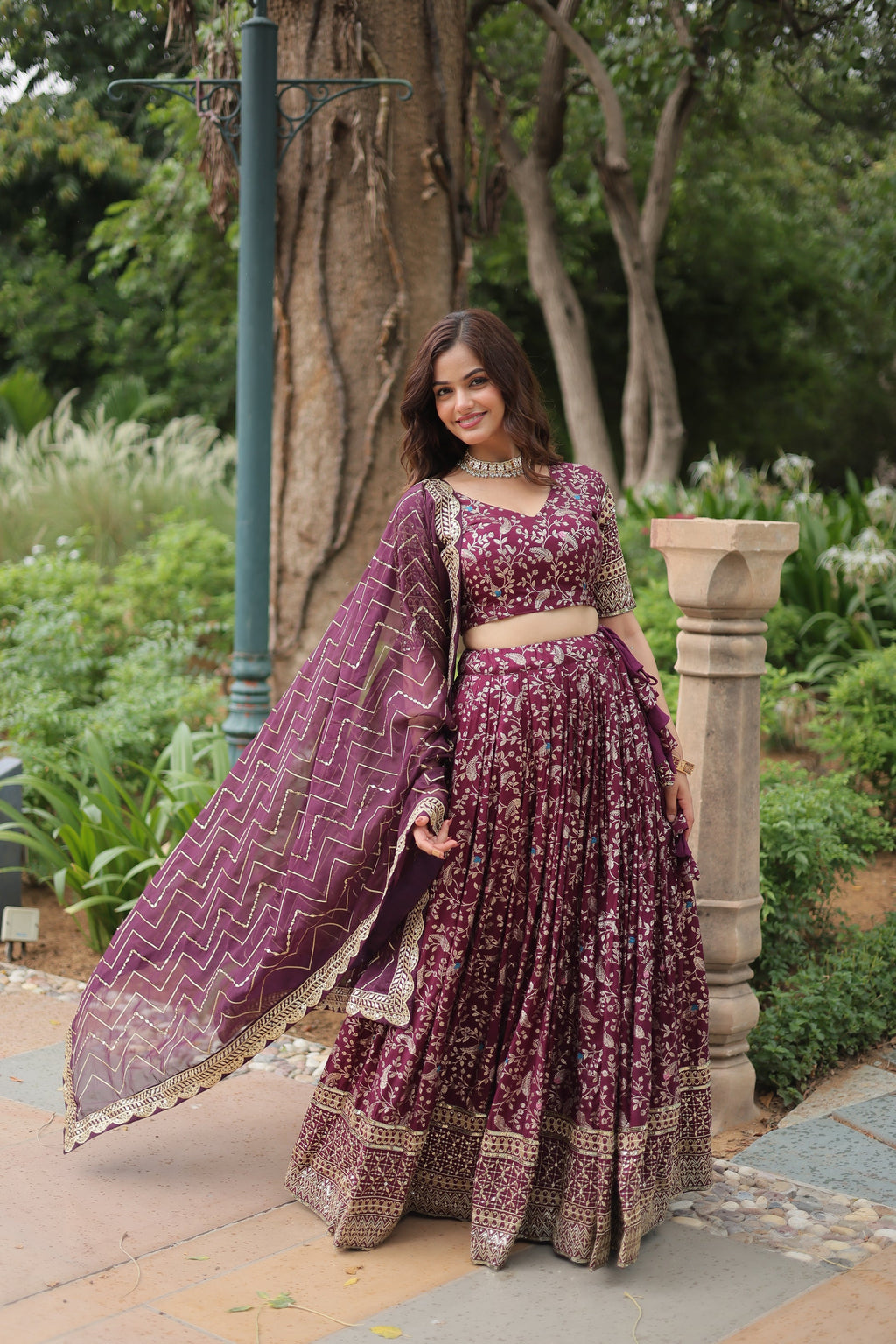 Wine viscose jacquard sequins embroidered Shrinika designer lehenga