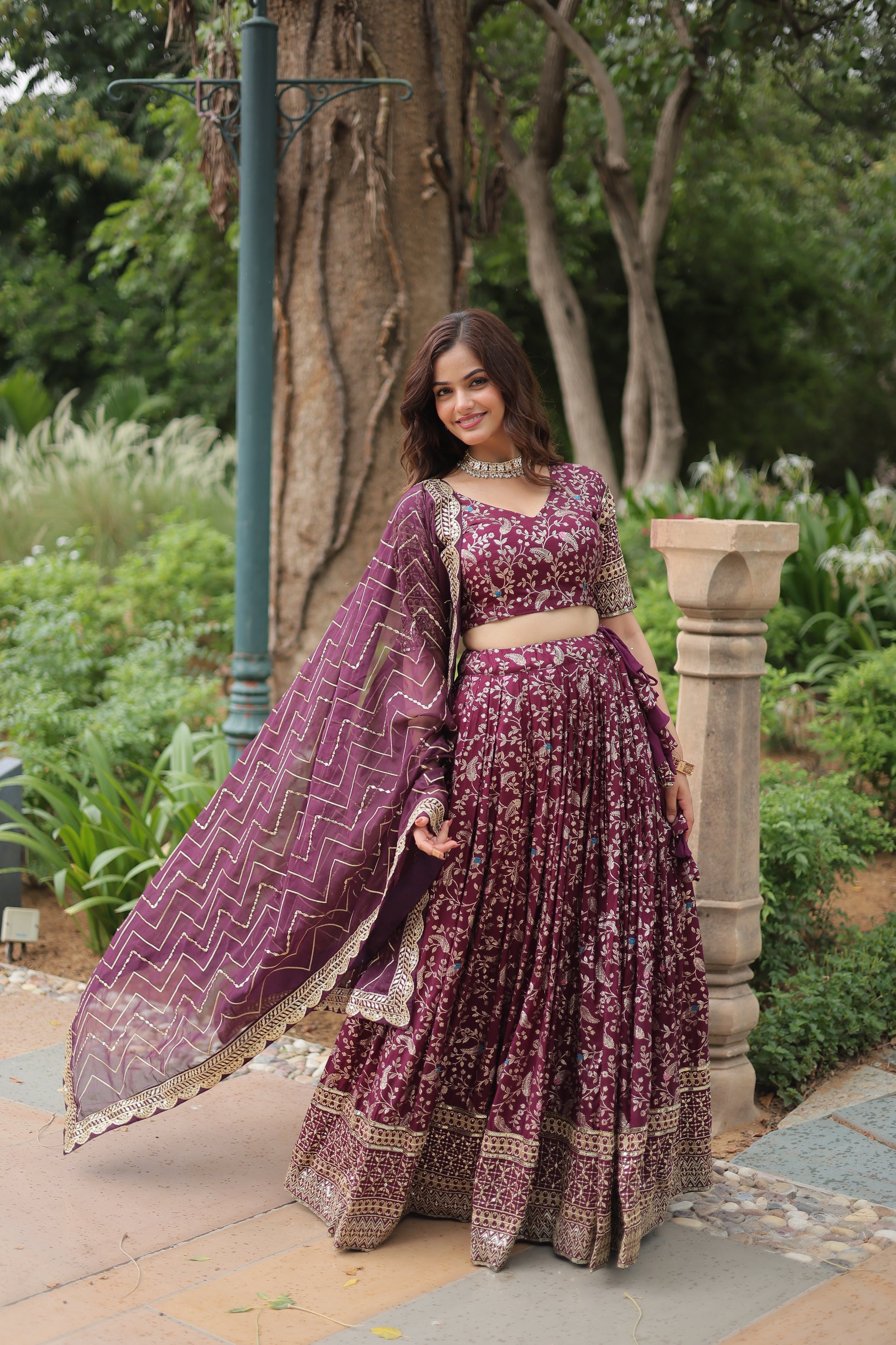 Wine viscose jacquard sequins embroidered Shrinika designer lehenga