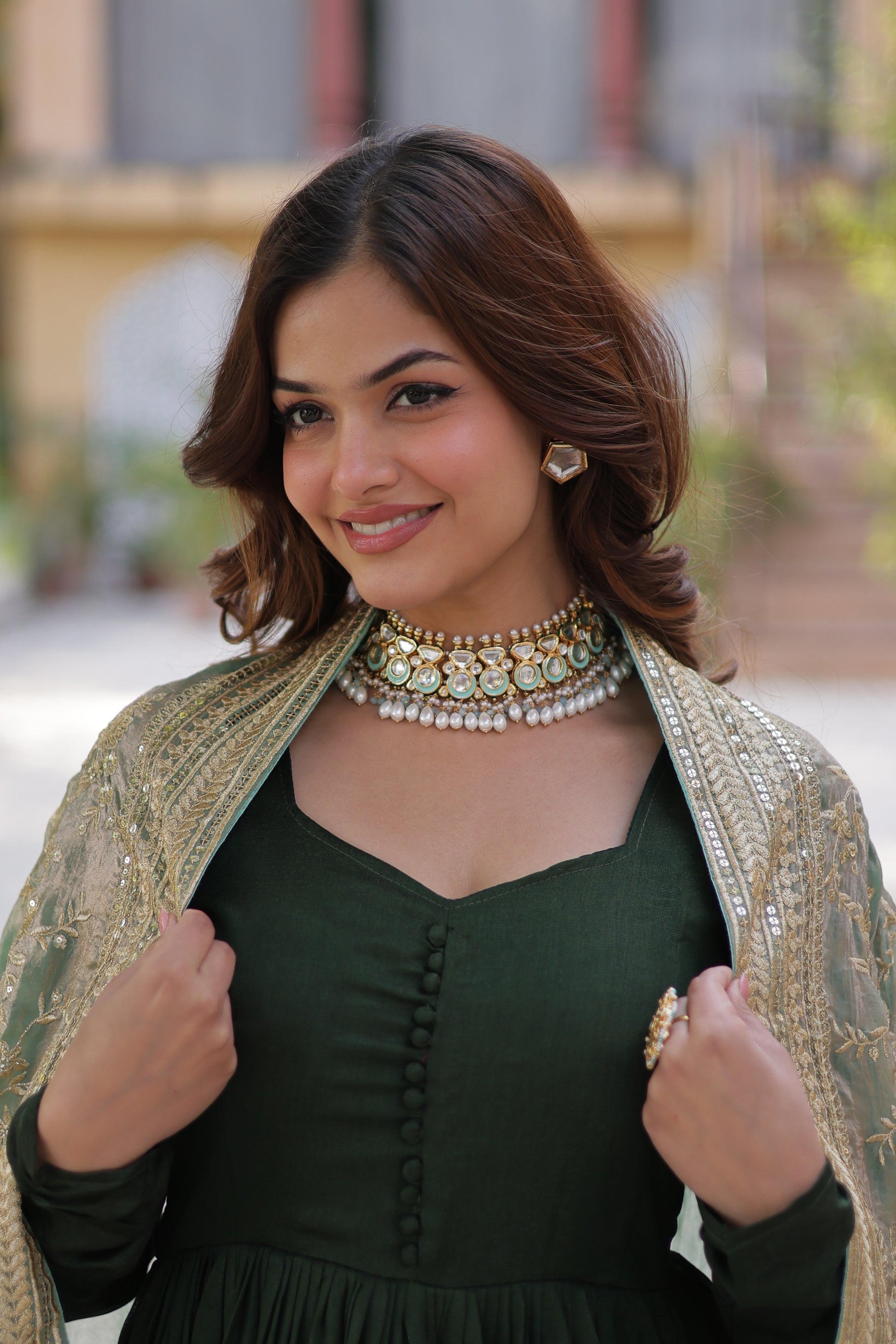 Shruti Green Embroidered Flared Anarkali Gown Set