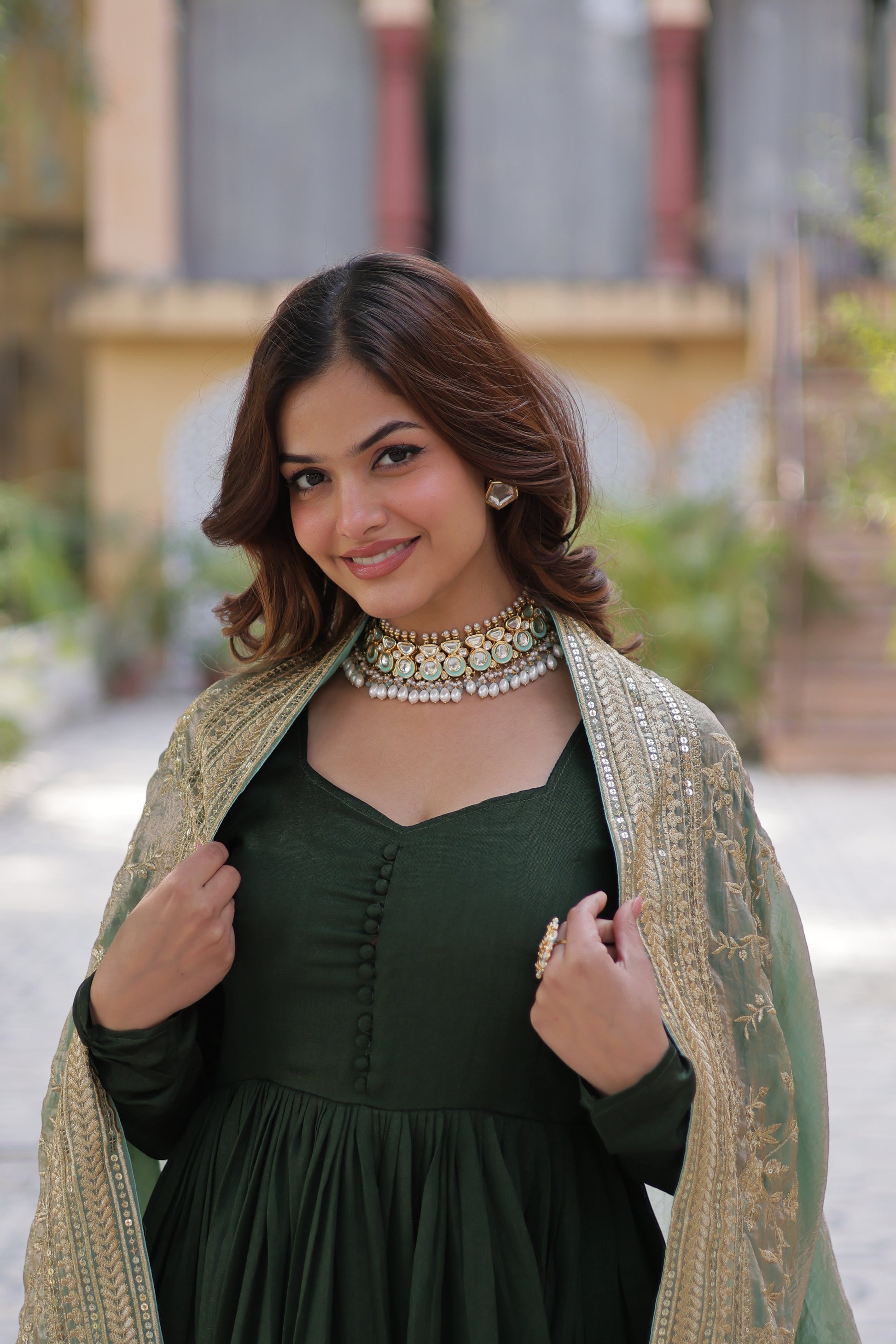 Shruti Green Embroidered Flared Anarkali Gown Set