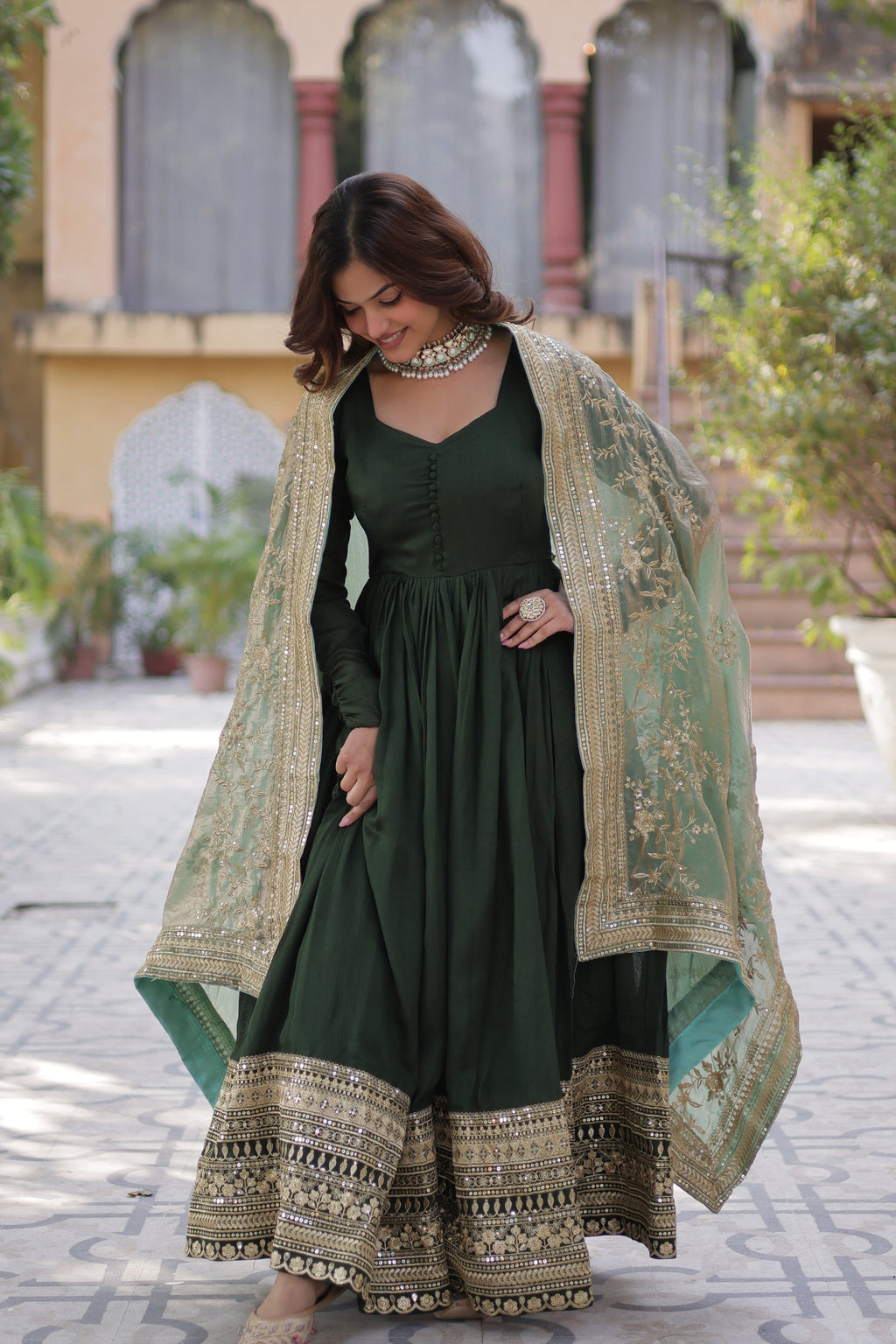 Shruti Green Embroidered Flared Anarkali Gown Set