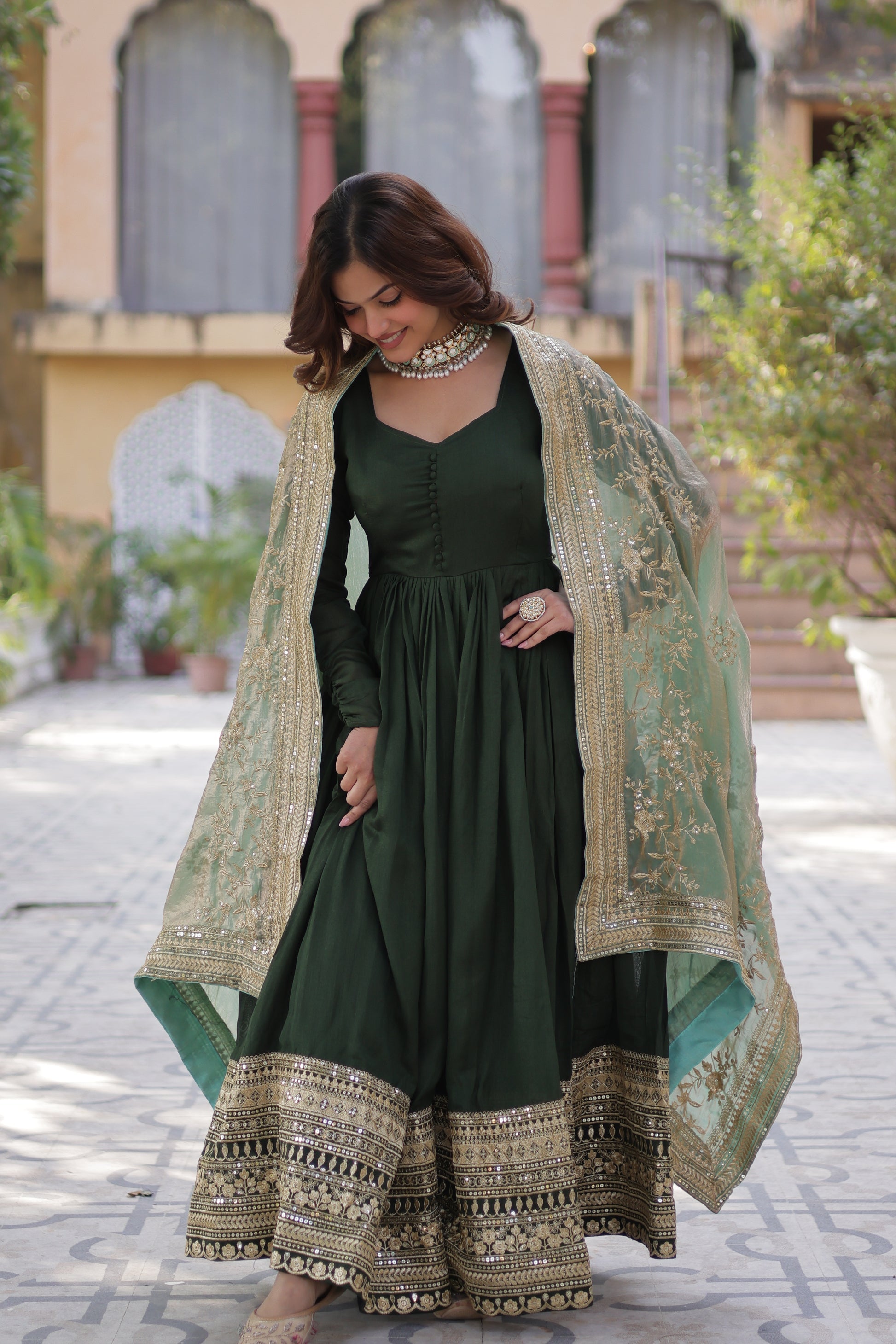 Shruti Green Embroidered Flared Anarkali Gown Set