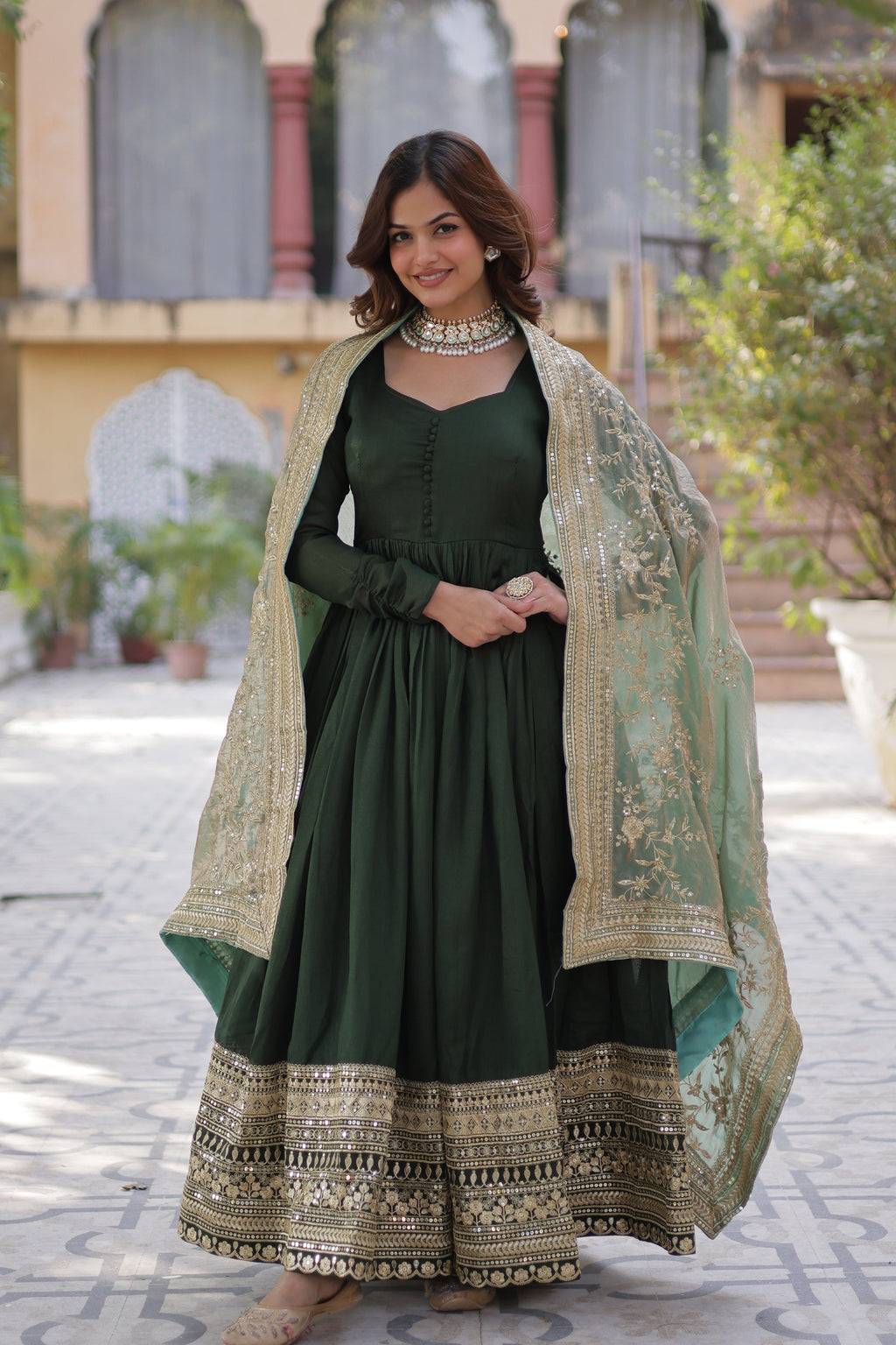 Shruti Green Embroidered Flared Anarkali Gown Set