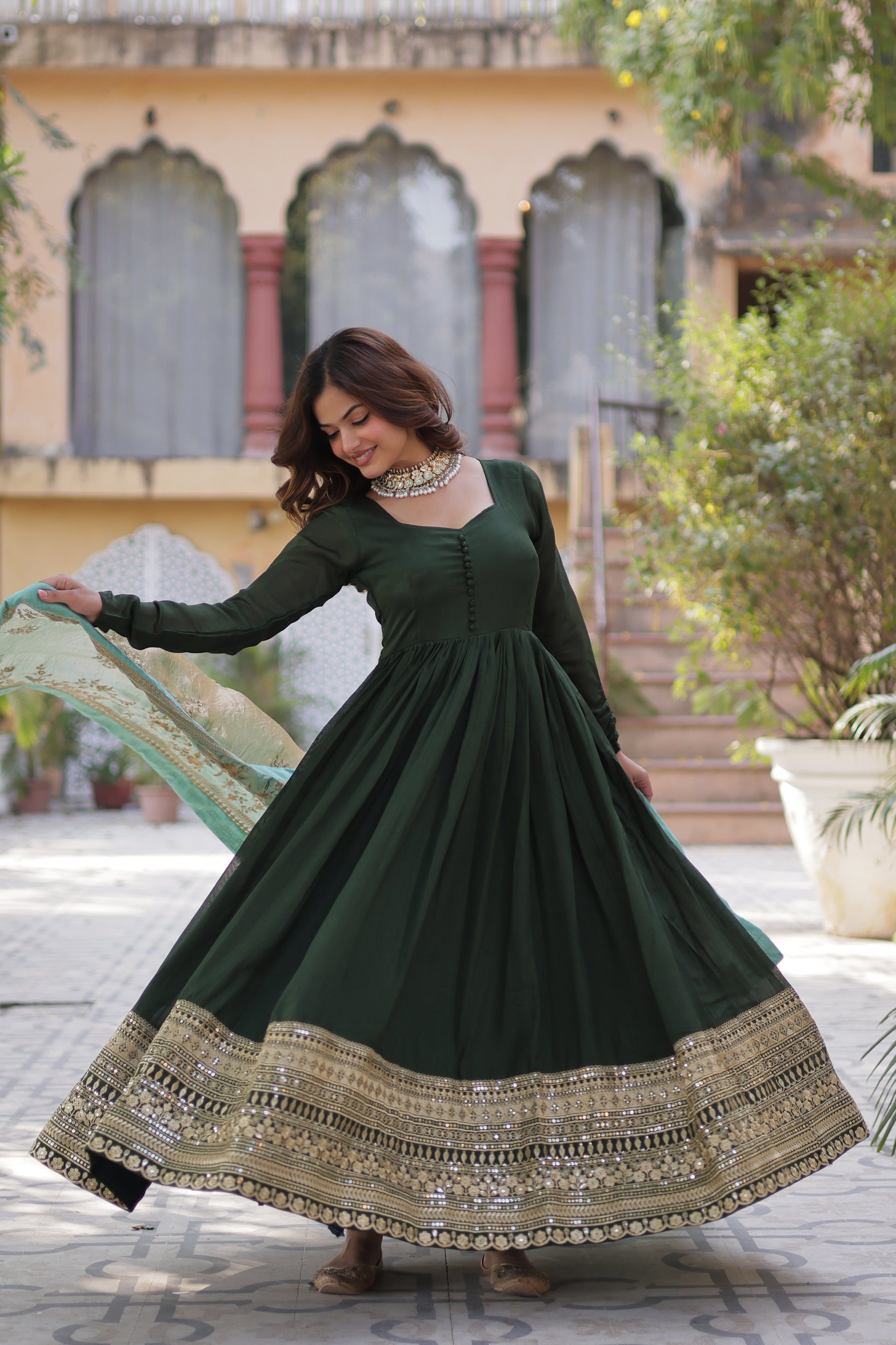 Shruti Green Embroidered Flared Anarkali Gown Set
