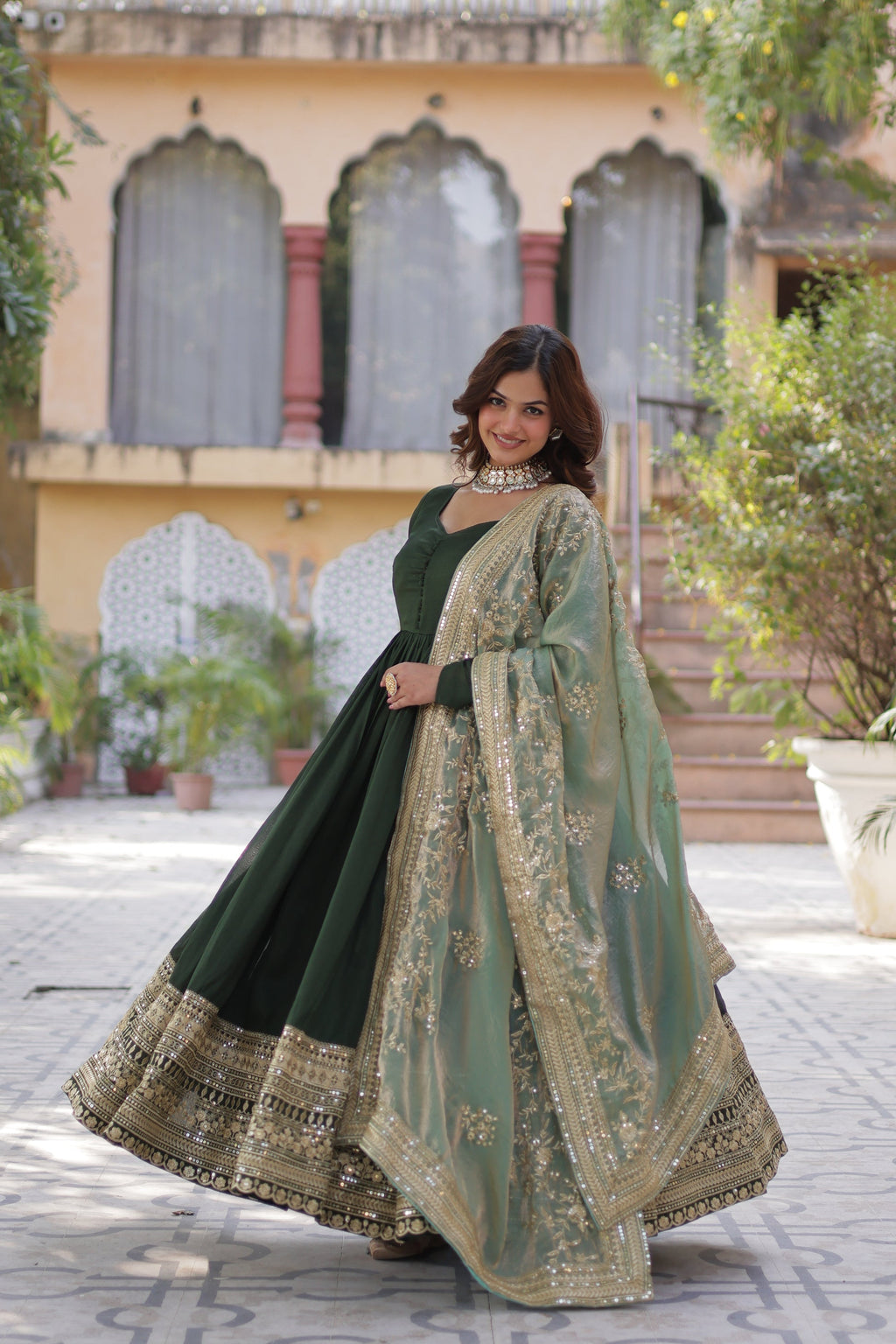 Shruti Green Embroidered Flared Anarkali Gown Set