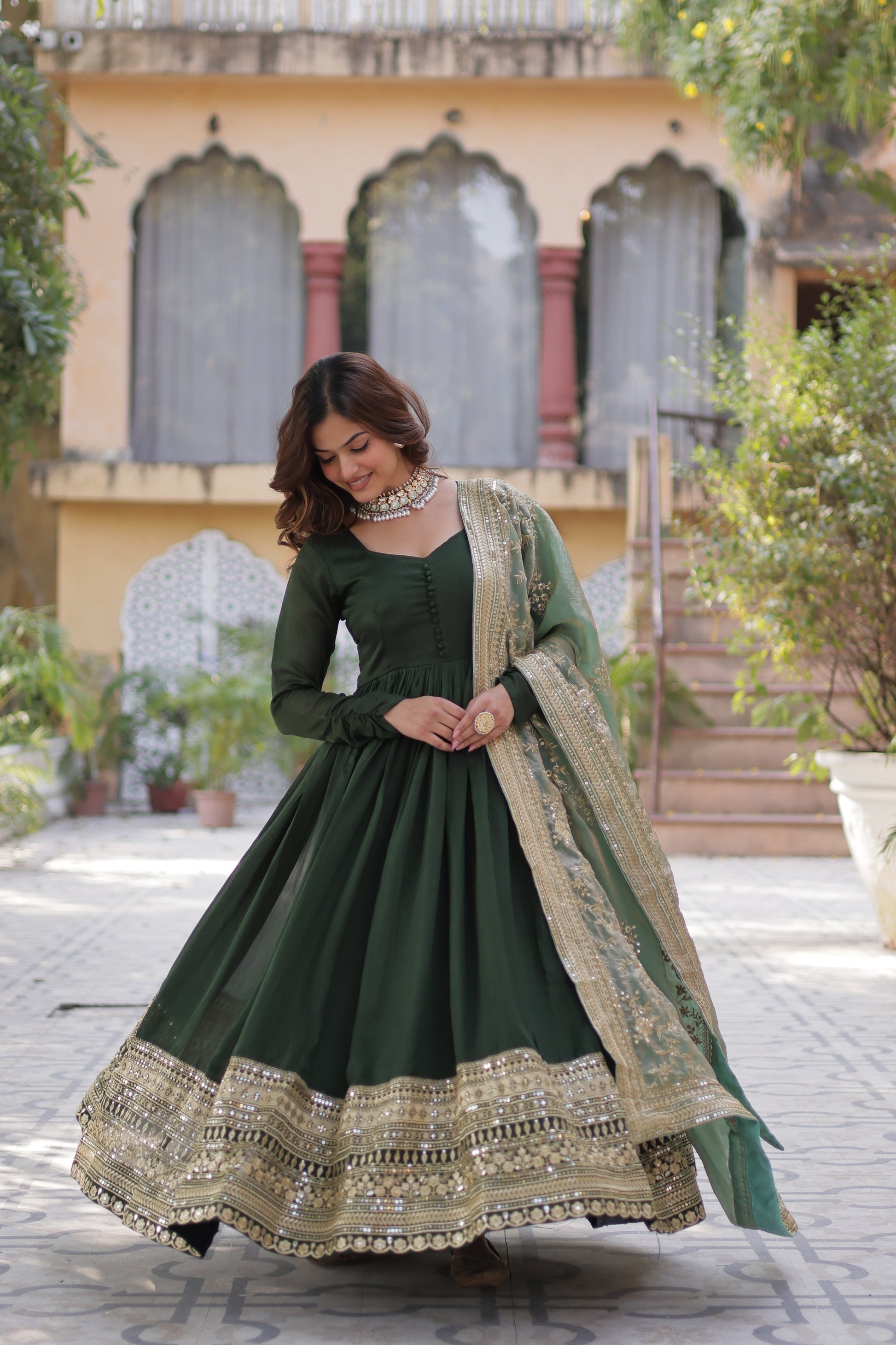 Shruti Green Embroidered Flared Anarkali Gown Set