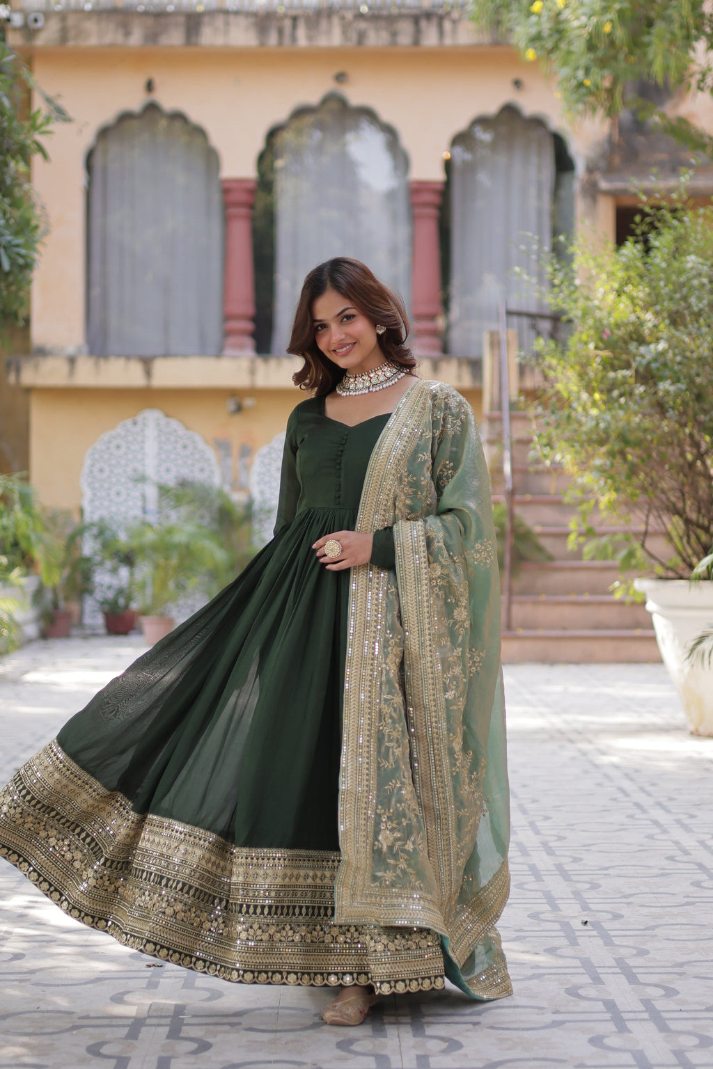 Shruti Green Embroidered Flared Anarkali Gown Set