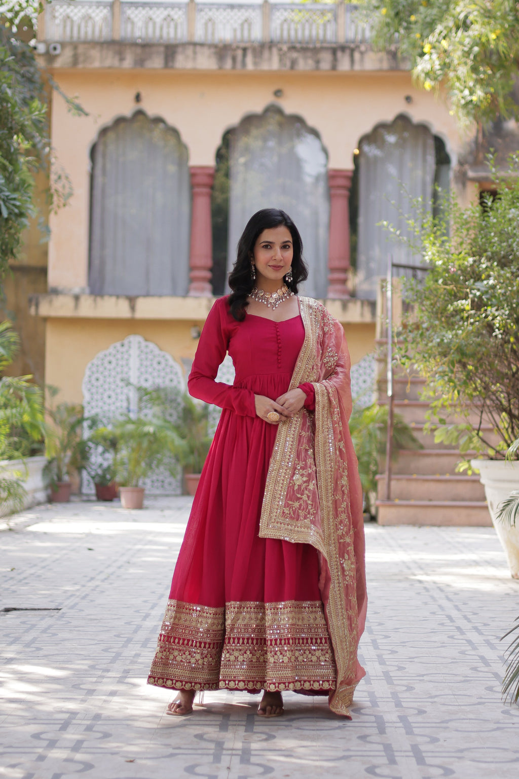 Shruti Pink Embroidered Flared Anarkali Gown Set