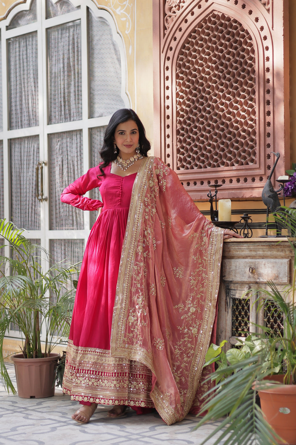 Shruti Pink Embroidered Flared Anarkali Gown Set