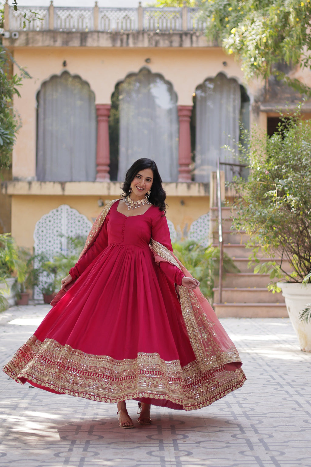 Shruti Pink Embroidered Flared Anarkali Gown Set