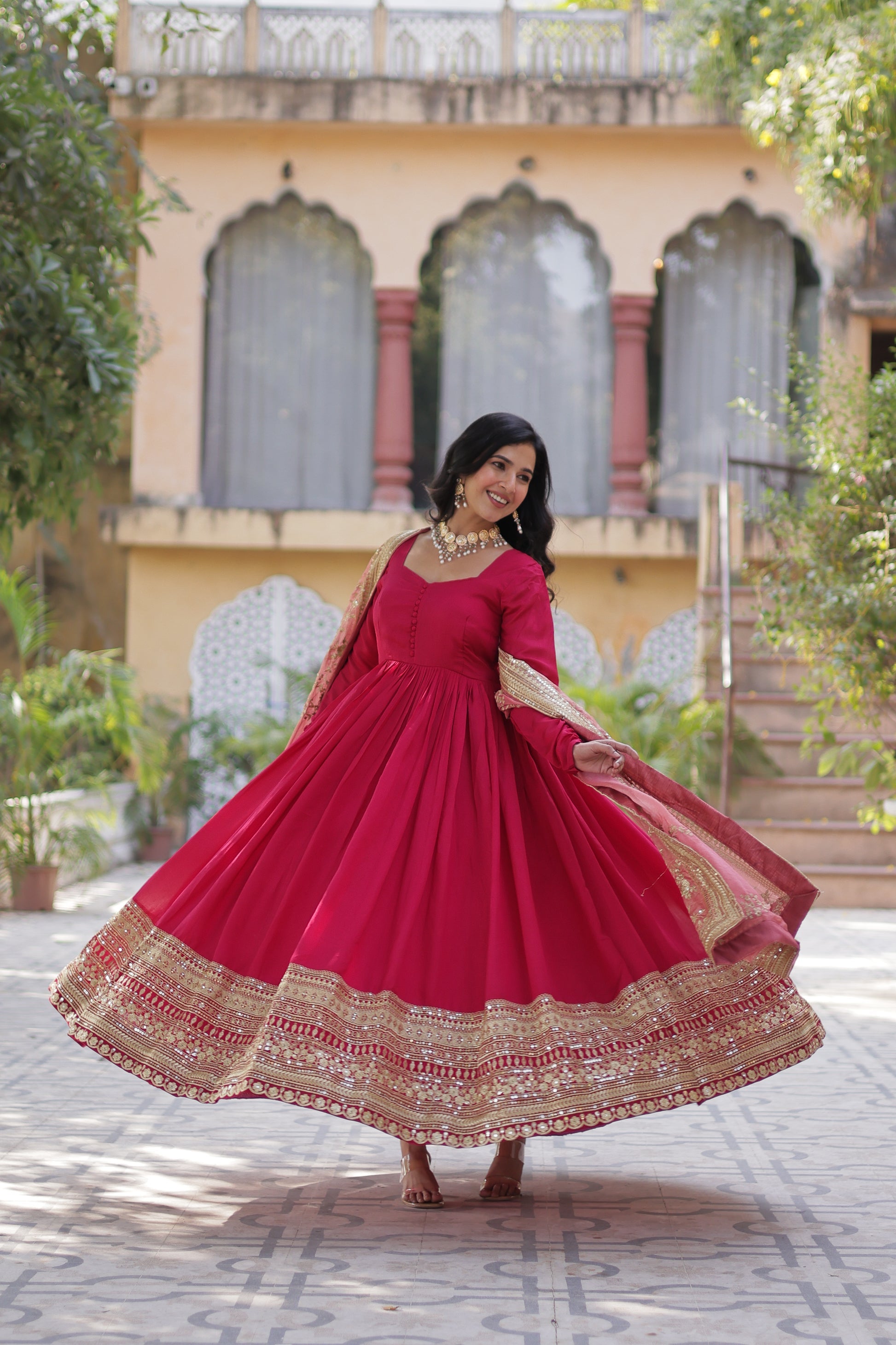 Shruti Pink Embroidered Flared Anarkali Gown Set