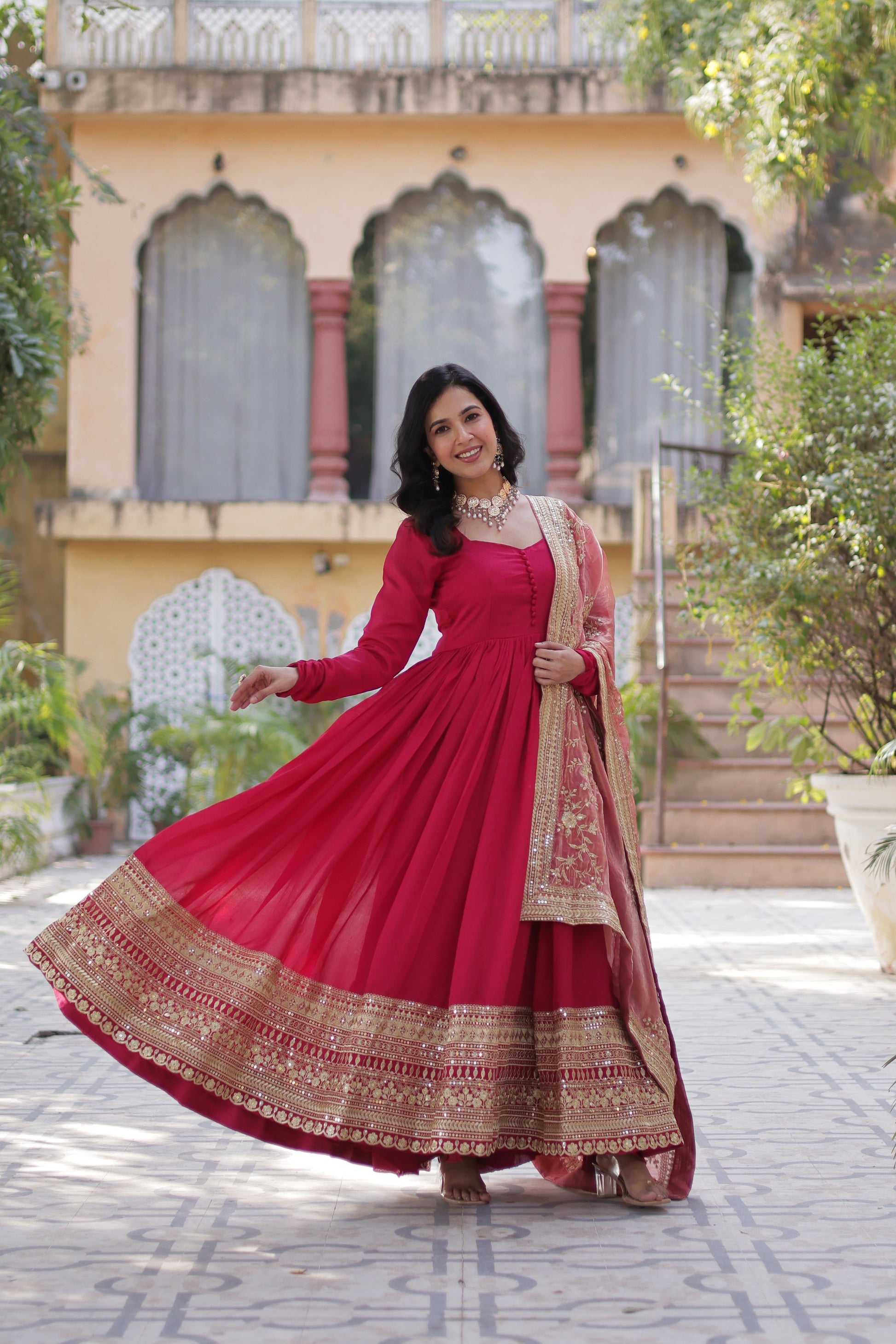 Shruti Pink Embroidered Flared Anarkali Gown Set
