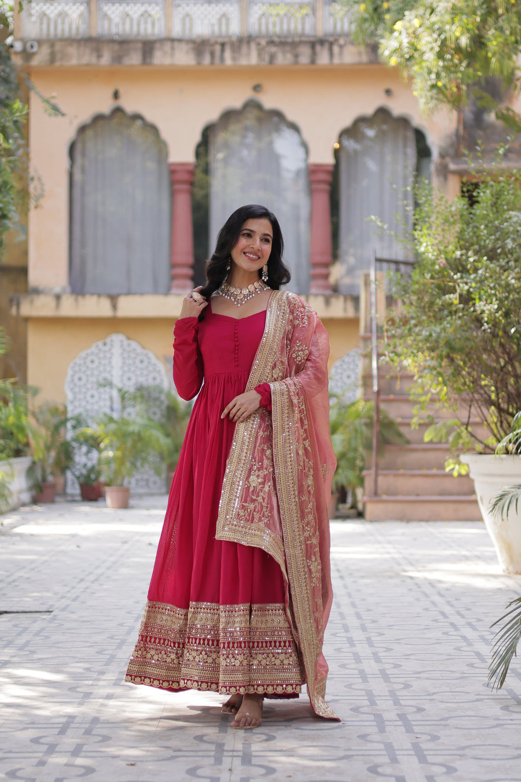 Shruti Pink Embroidered Flared Anarkali Gown Set