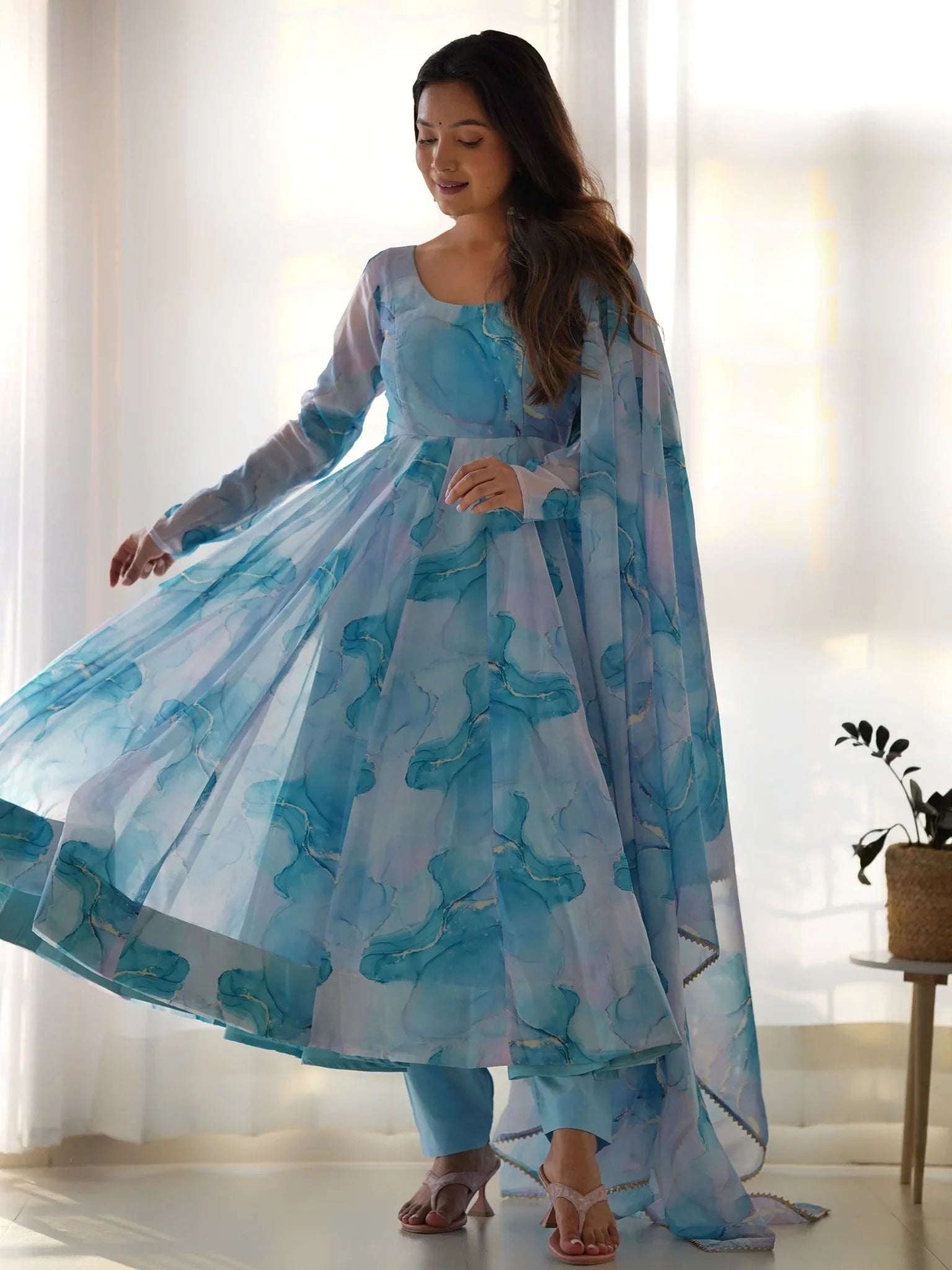 Sky Blue Organza Silk Marble Print Anarkali Suit Set with Dupatta S Sky Blue Organza Silk Marble Print Anarkali Suit Set with Dupatta S
