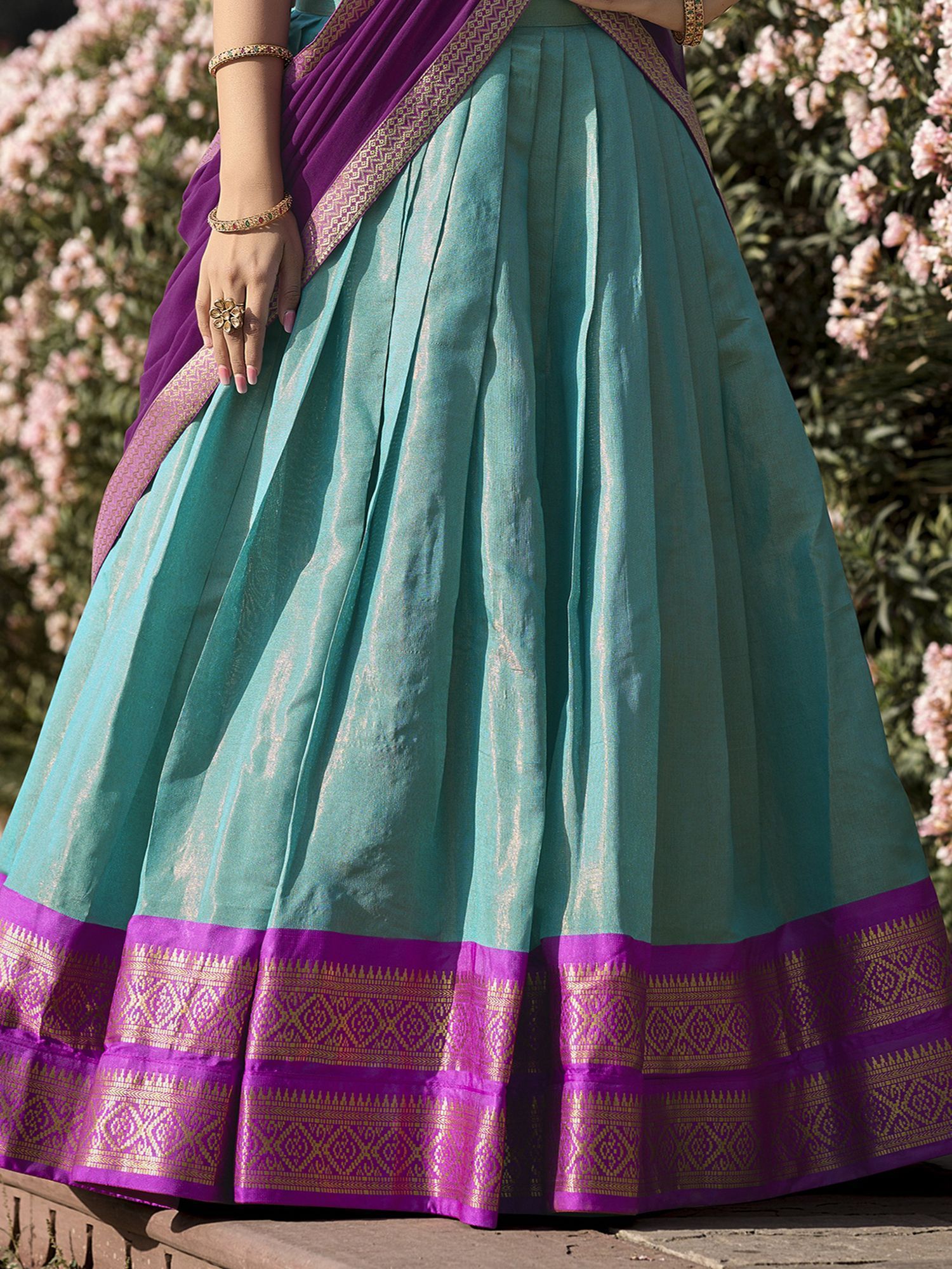 Sky Blue Kanchipuram Silk Zari Weaving Work Traditional Lehenga Choli